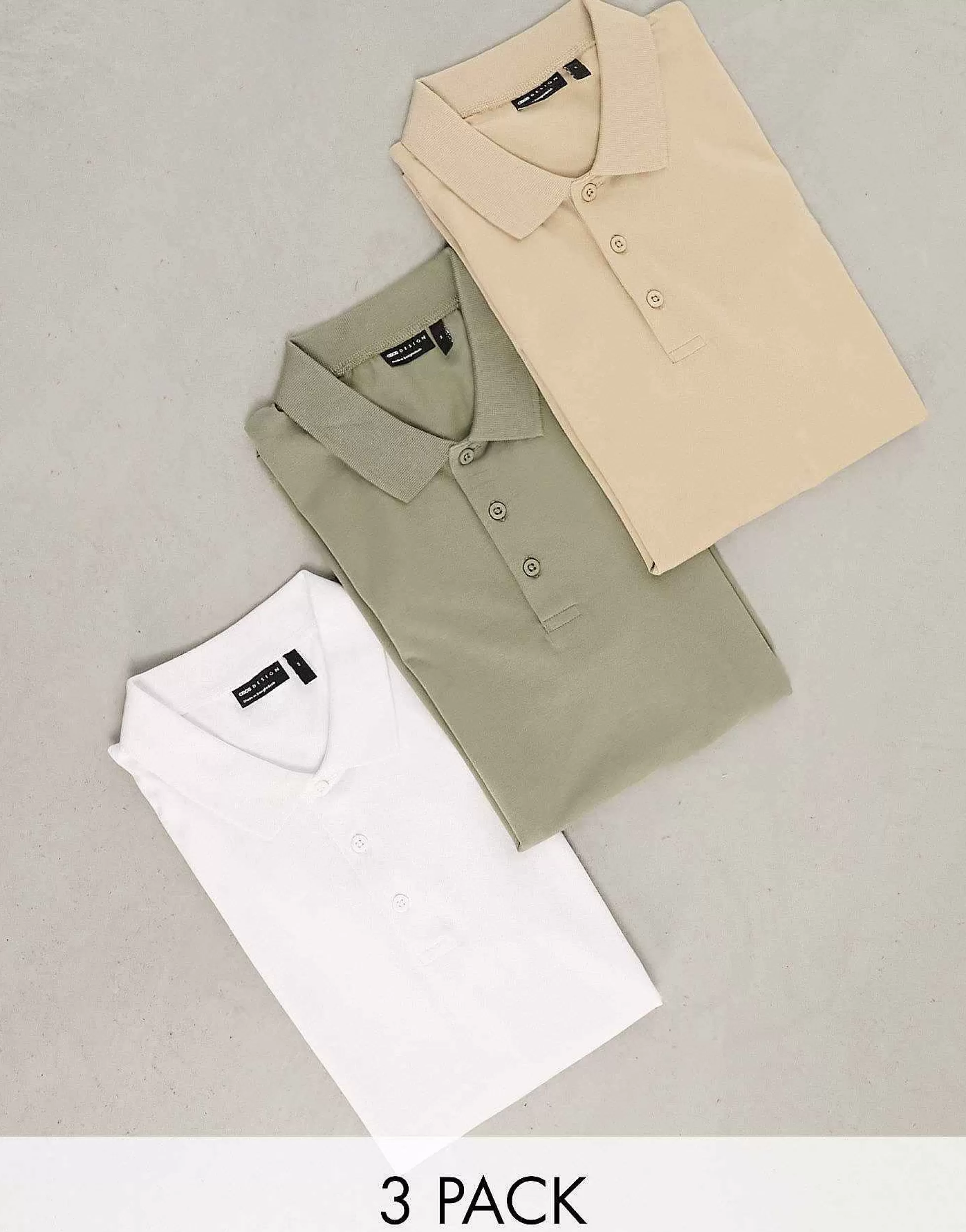 Men DESIGN 3 Pack Muscle Fit Polo In Khaki, White And Beige