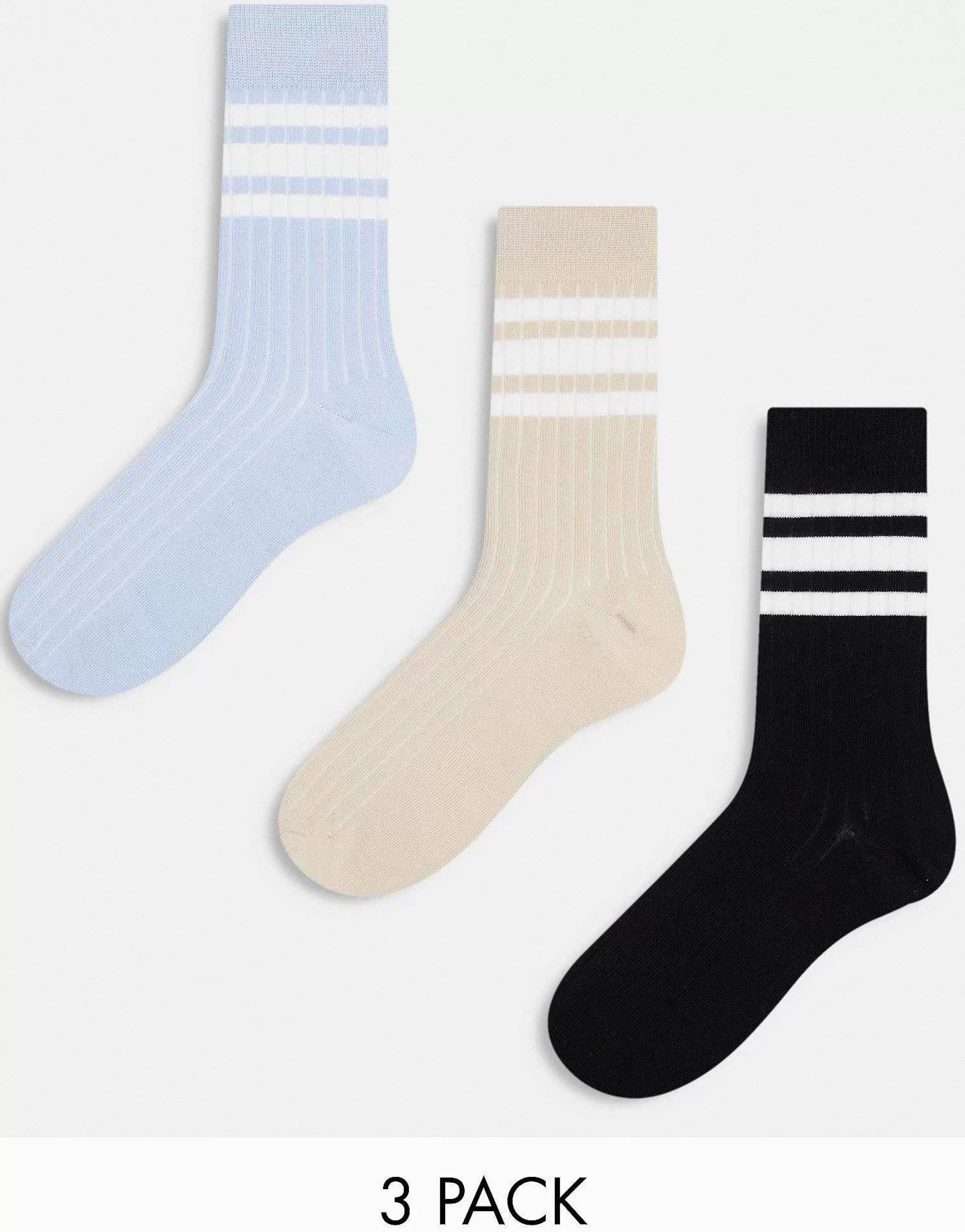 Men DESIGN 3 Pack Ribbed Ankle Socks With Stripe Detail In Stone/Blue/Charcoal