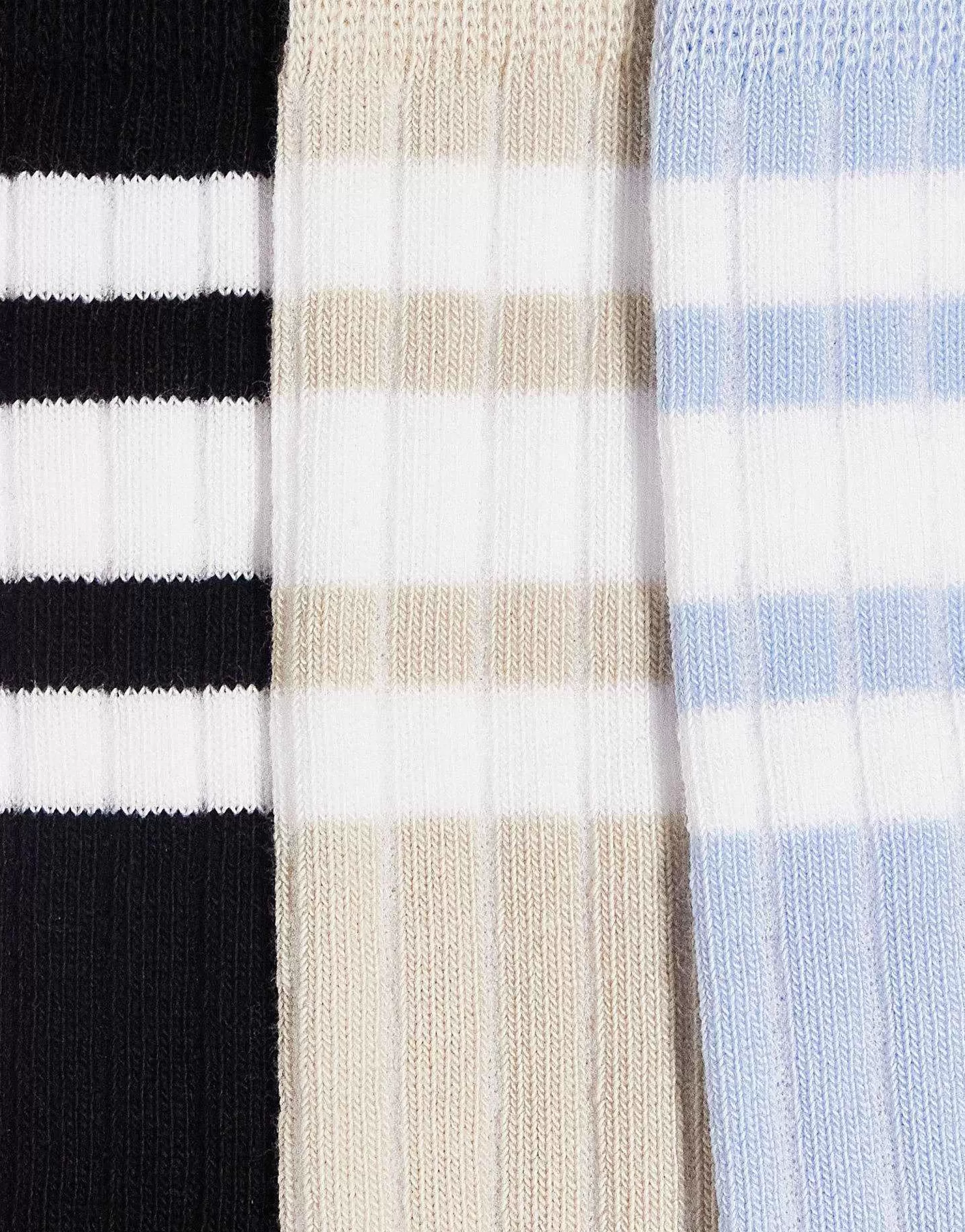 Men DESIGN 3 Pack Ribbed Ankle Socks With Stripe Detail In Stone/Blue/Charcoal