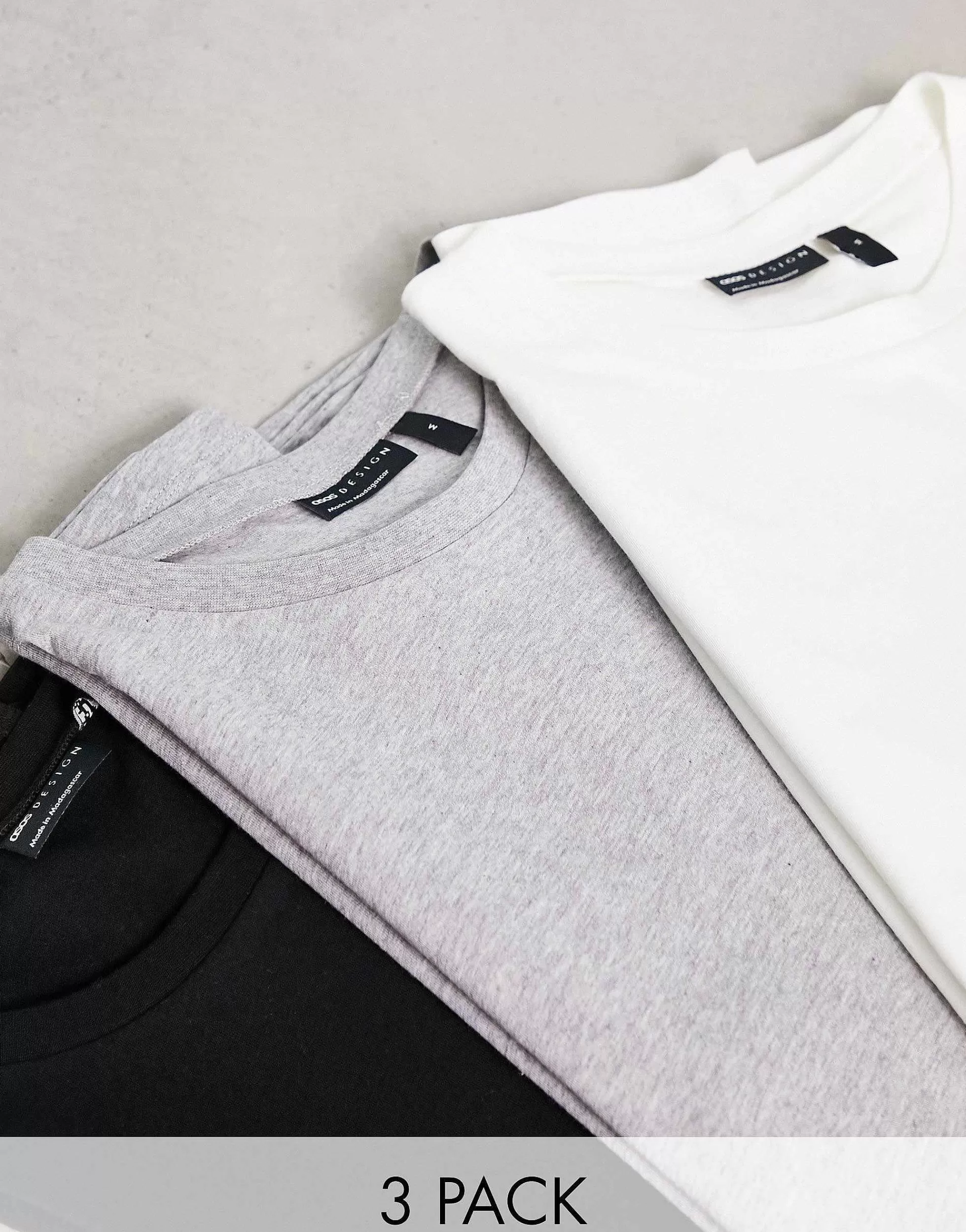 Men DESIGN 3 Pack T-Shirt With Crew Neck In White, Grey Marl And Black