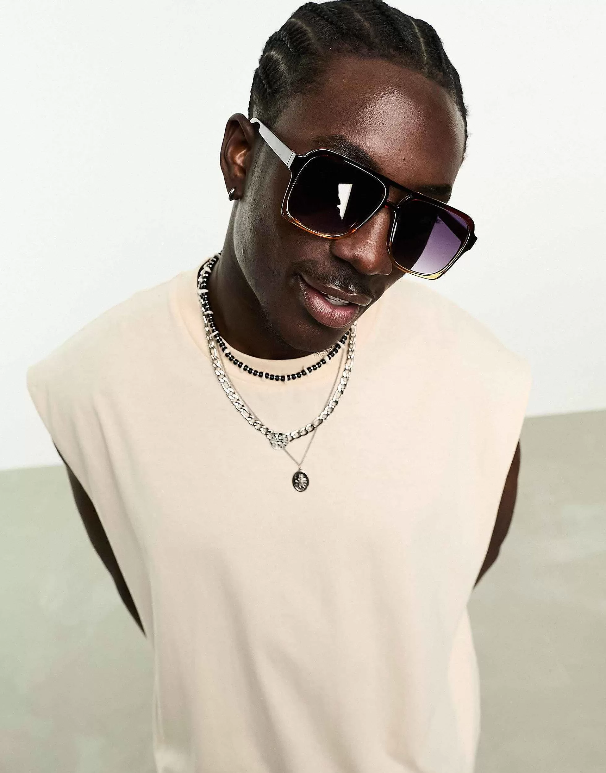 Men DESIGN 70'S Aviator Sunglasses In Brown Ombre With Purple Lens