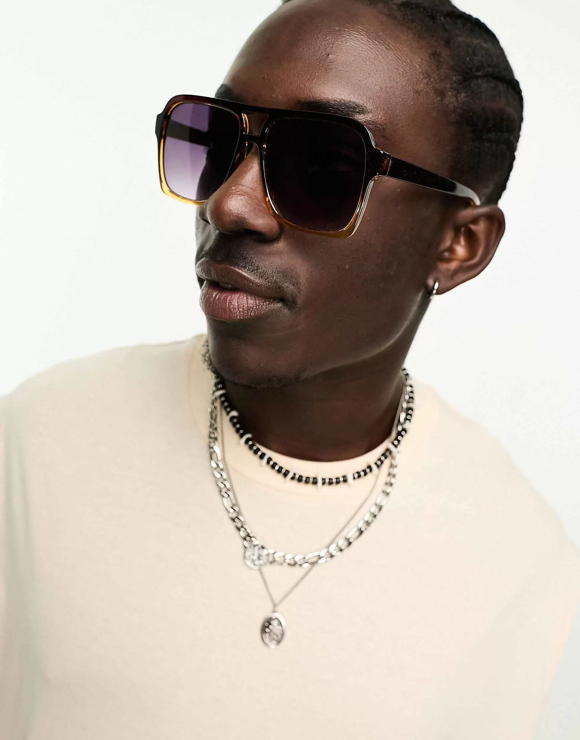 Men DESIGN 70'S Aviator Sunglasses In Brown Ombre With Purple Lens