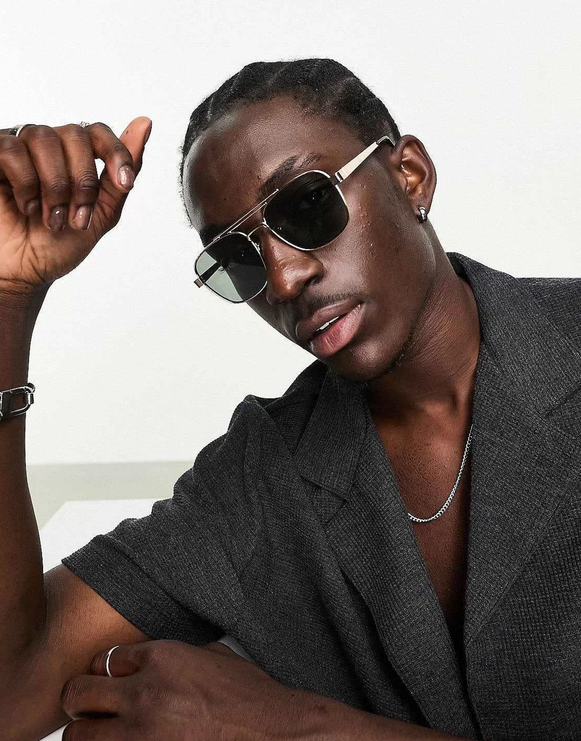 Men DESIGN 70S Aviator Sunglasses In Metal With Retro Lens And Brow Bar Detail