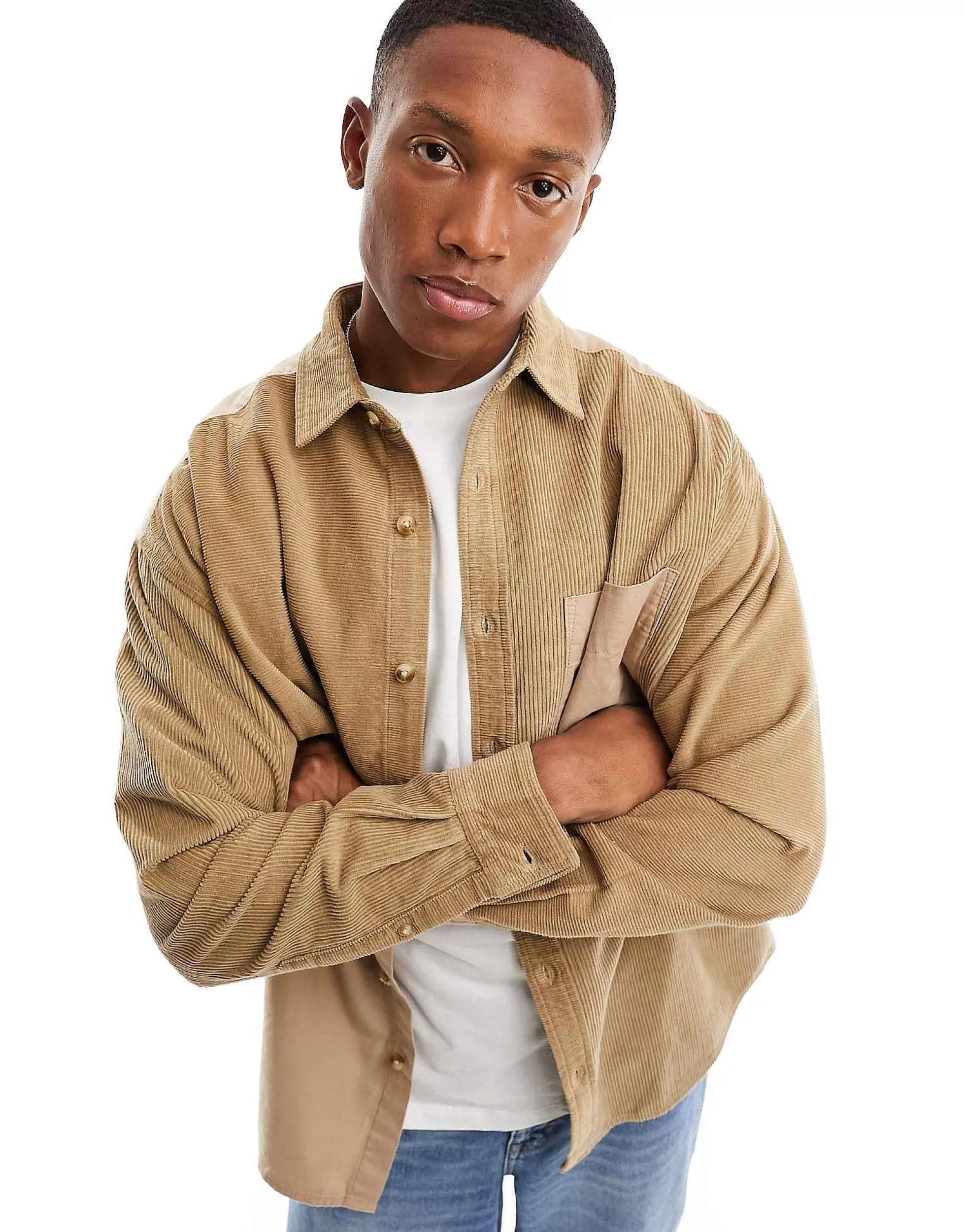Men DESIGN 90S Oversized Shirt With Mixed Cord Detailing In