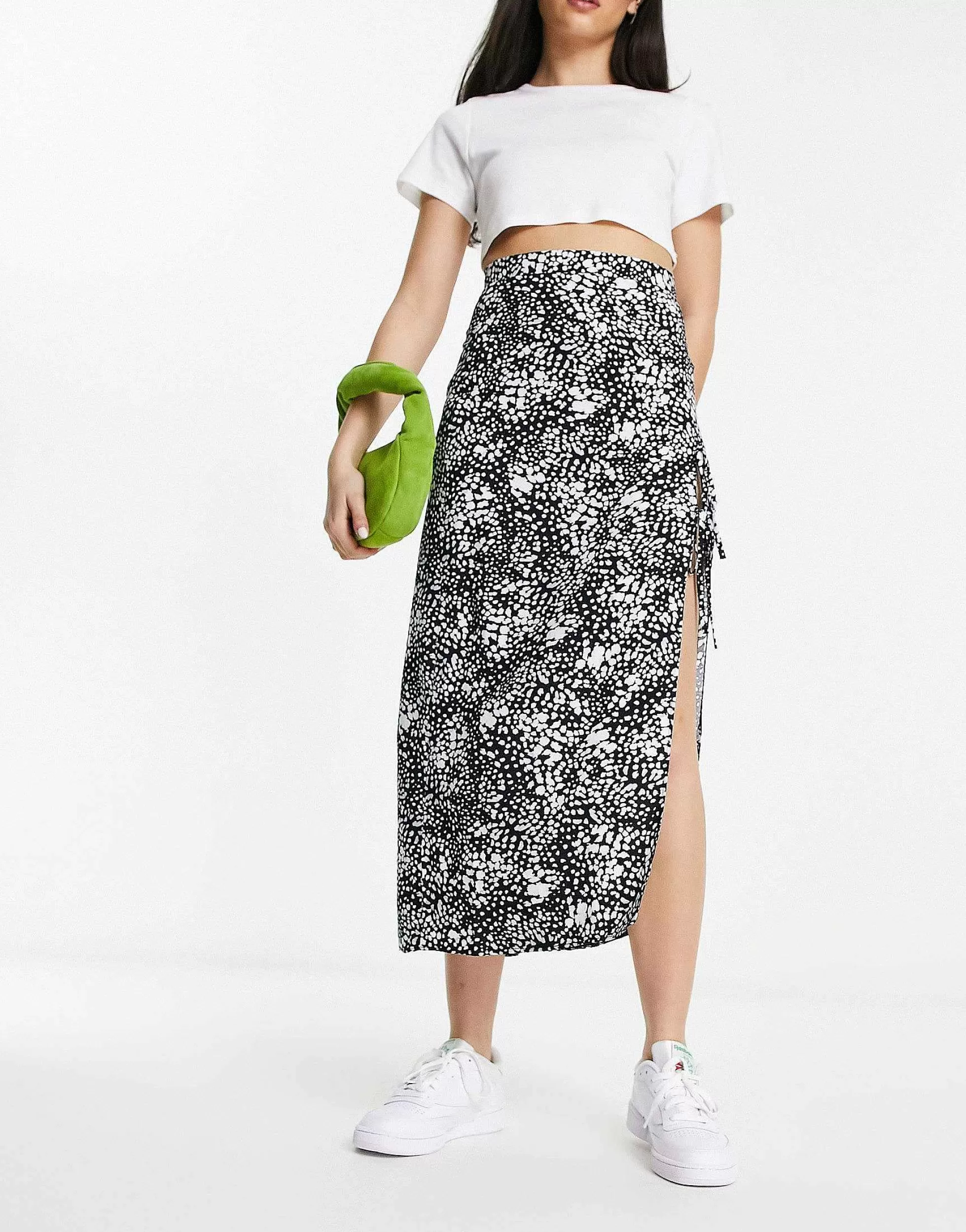 Women DESIGN Bow Detail Midi Skirt With Thigh Split In Print
