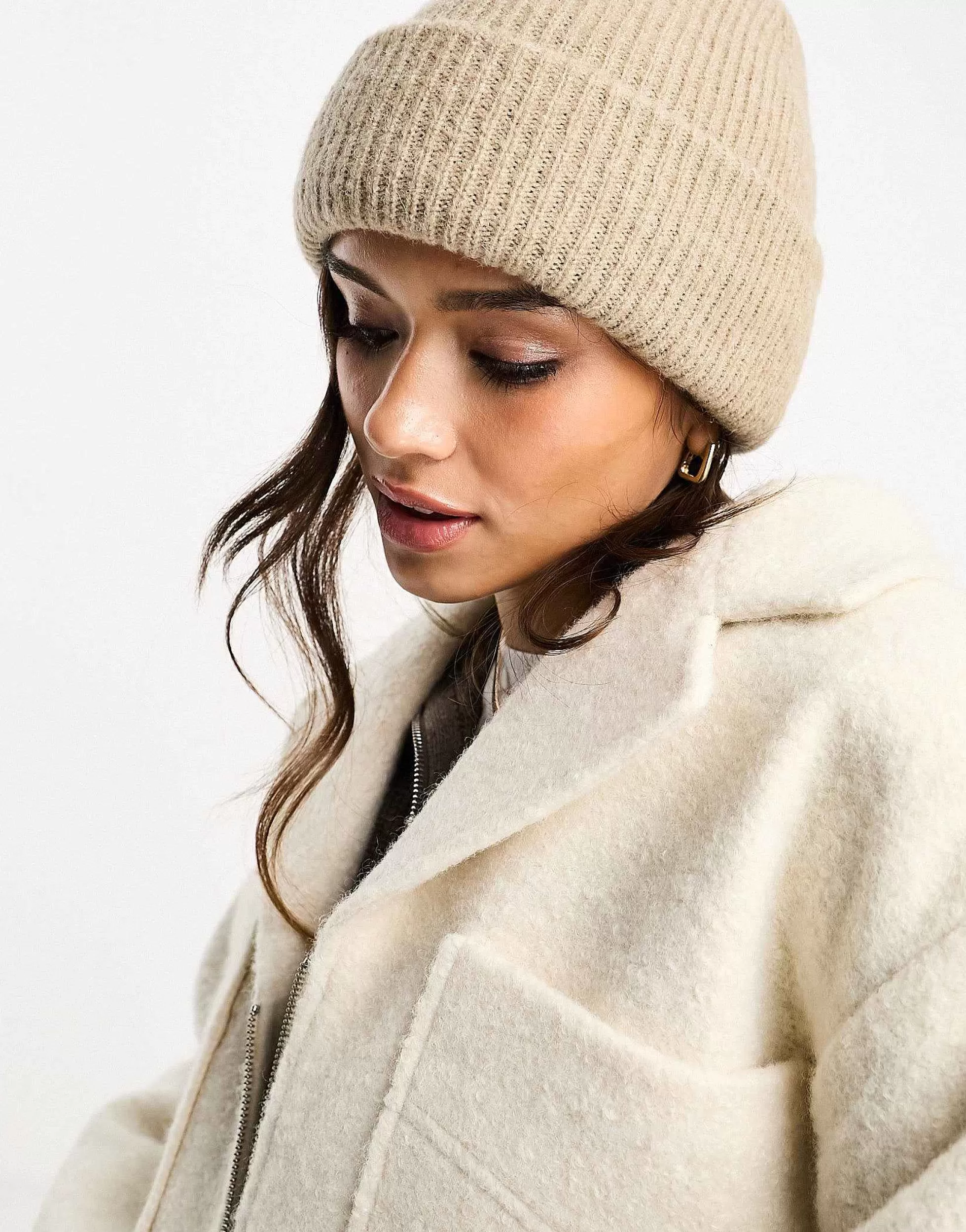 Women DESIGN Chunky Double Roll Beanie In Biscuit
