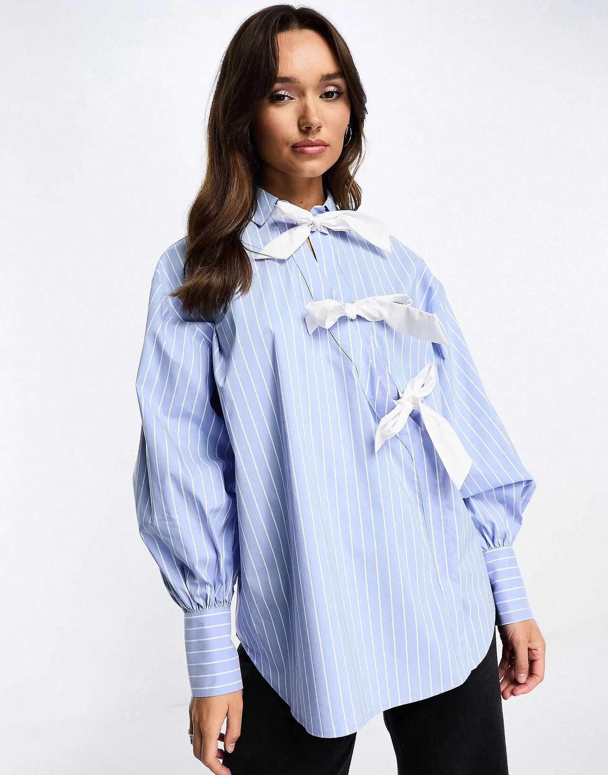 Women DESIGN Contrast Bow Detail Shirt In Blue & White Stripe