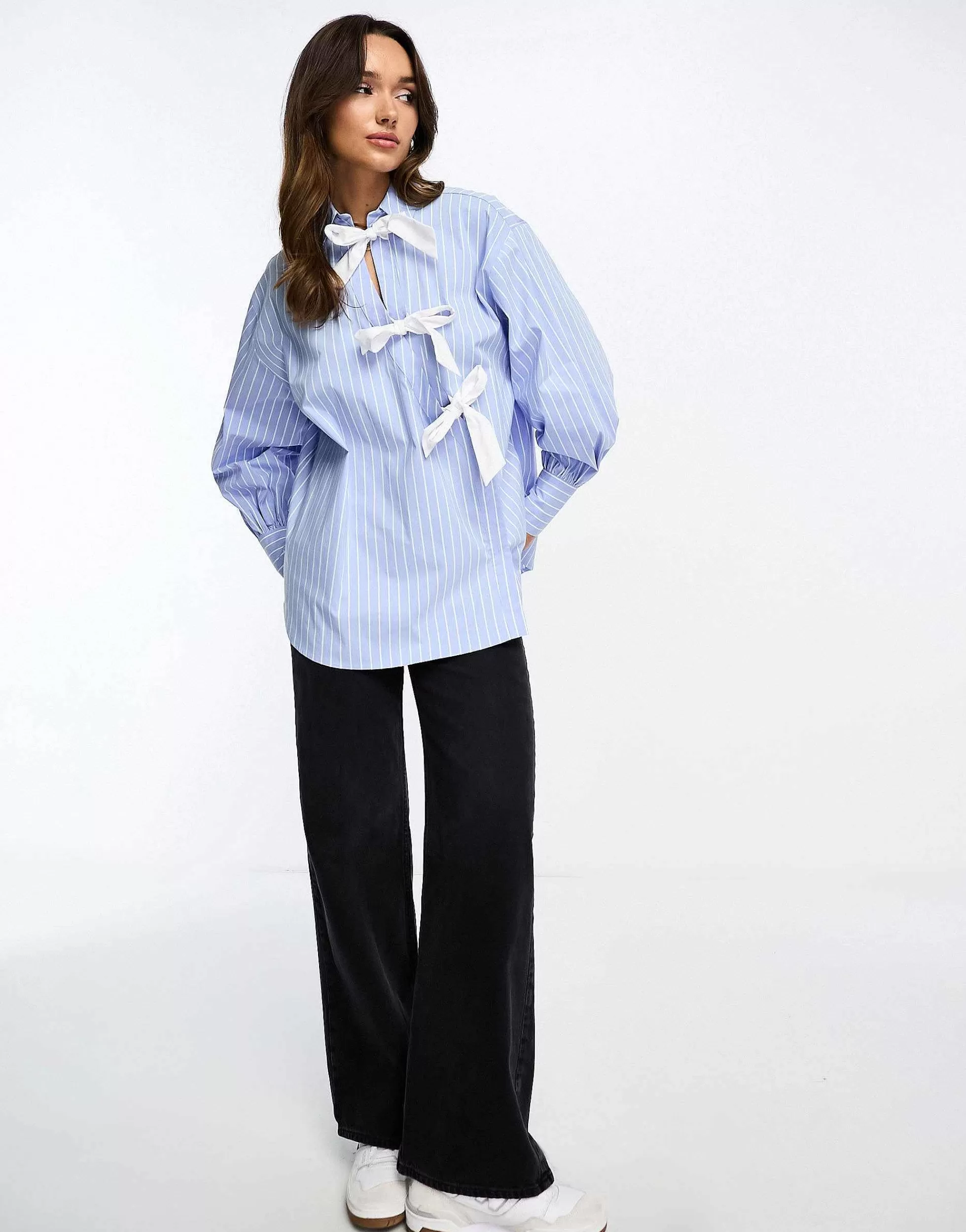 Women DESIGN Contrast Bow Detail Shirt In Blue & White Stripe