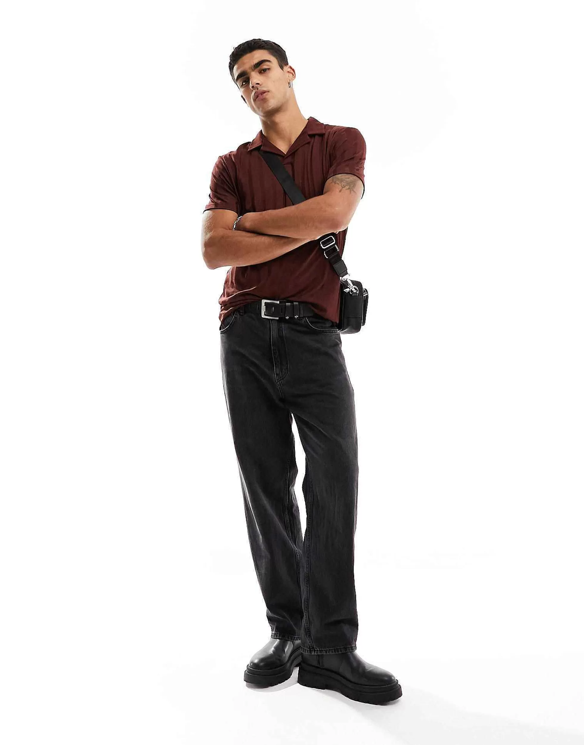 Men DESIGN Co-Ord Revere Polo Shirt In Shiny Rib