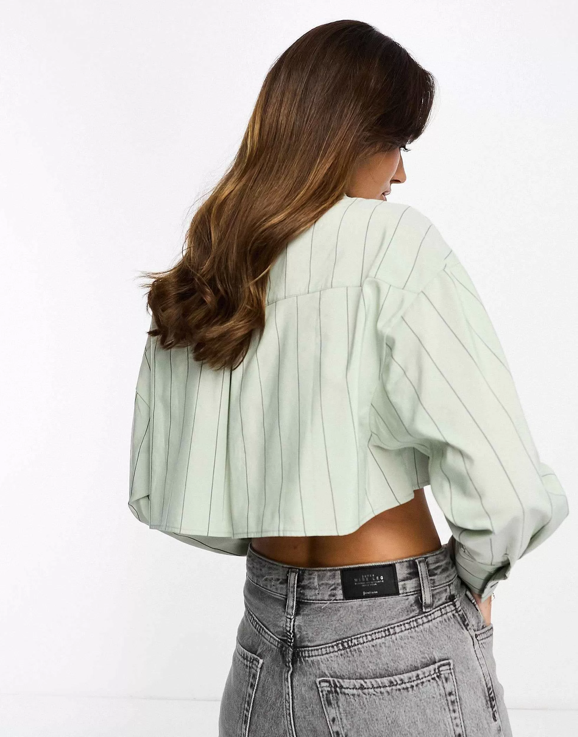 Women DESIGN Cropped Shirt In Olive And Black Pinstripe