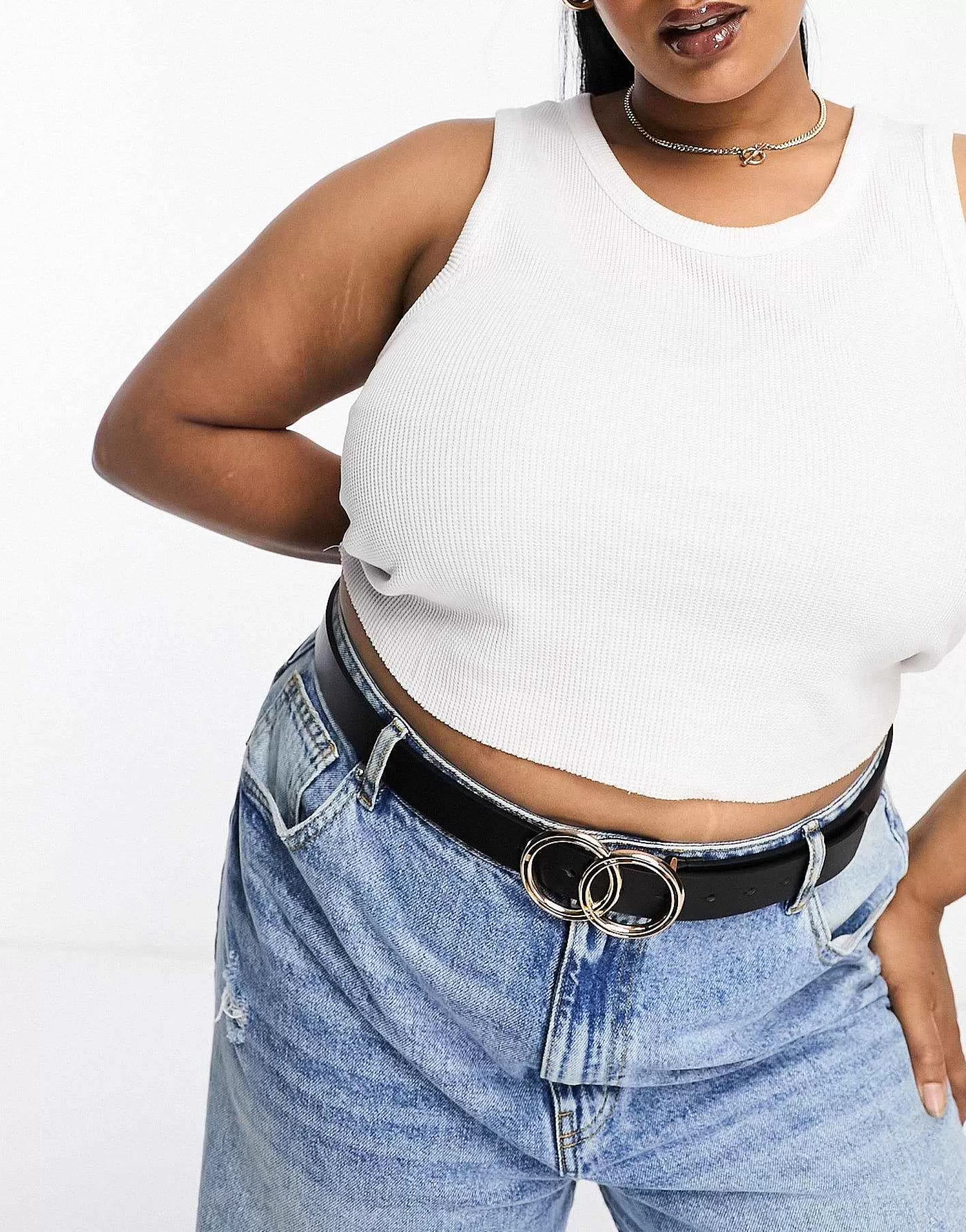 Women Curve Design Bevelled Double Circle Waist And Hip Belt In Gold Metal Work - Gold