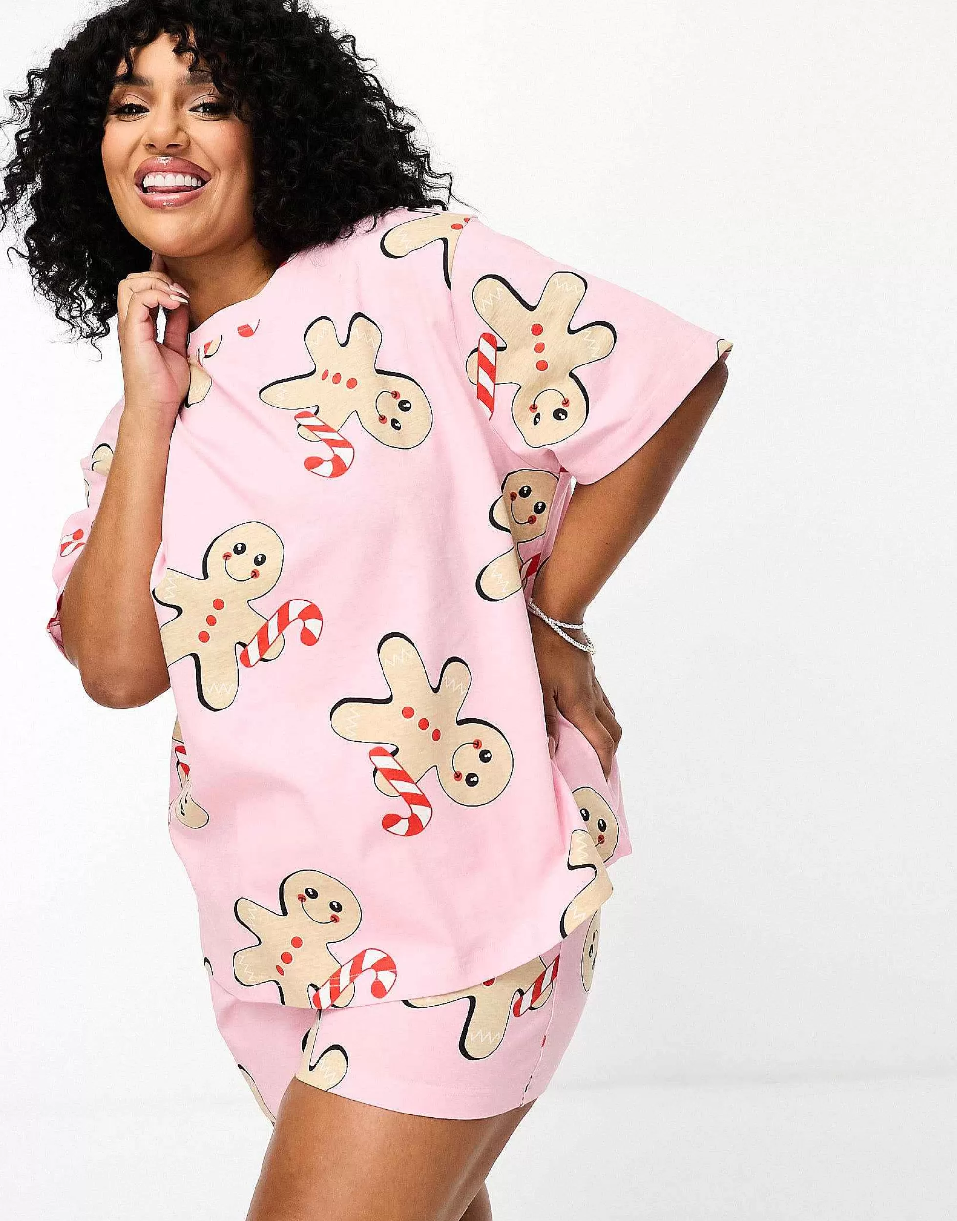 Women DESIGN Curve Christmas Gingerbread Oversized Tee & Short Pyjama Set In
