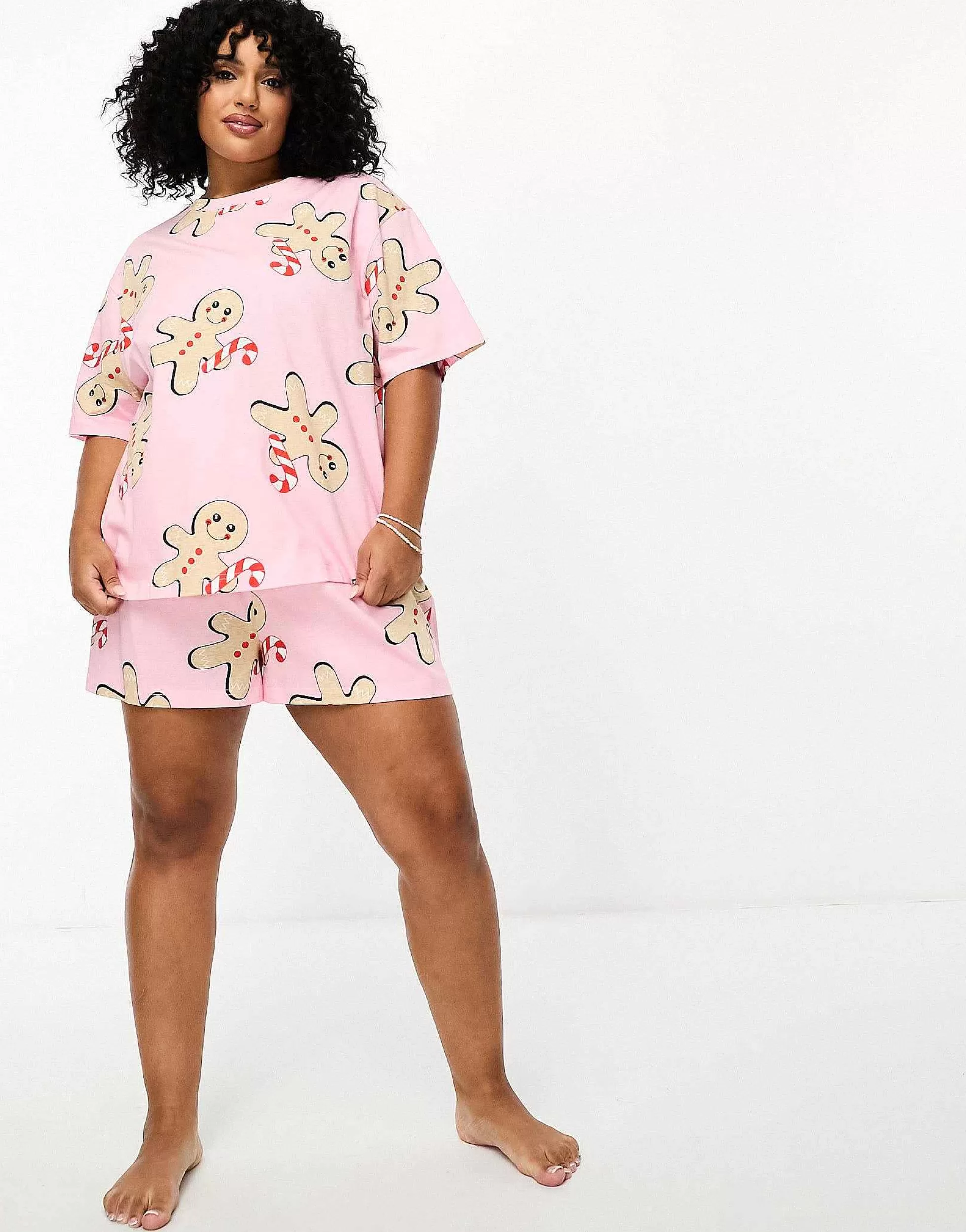 Women DESIGN Curve Christmas Gingerbread Oversized Tee & Short Pyjama Set In