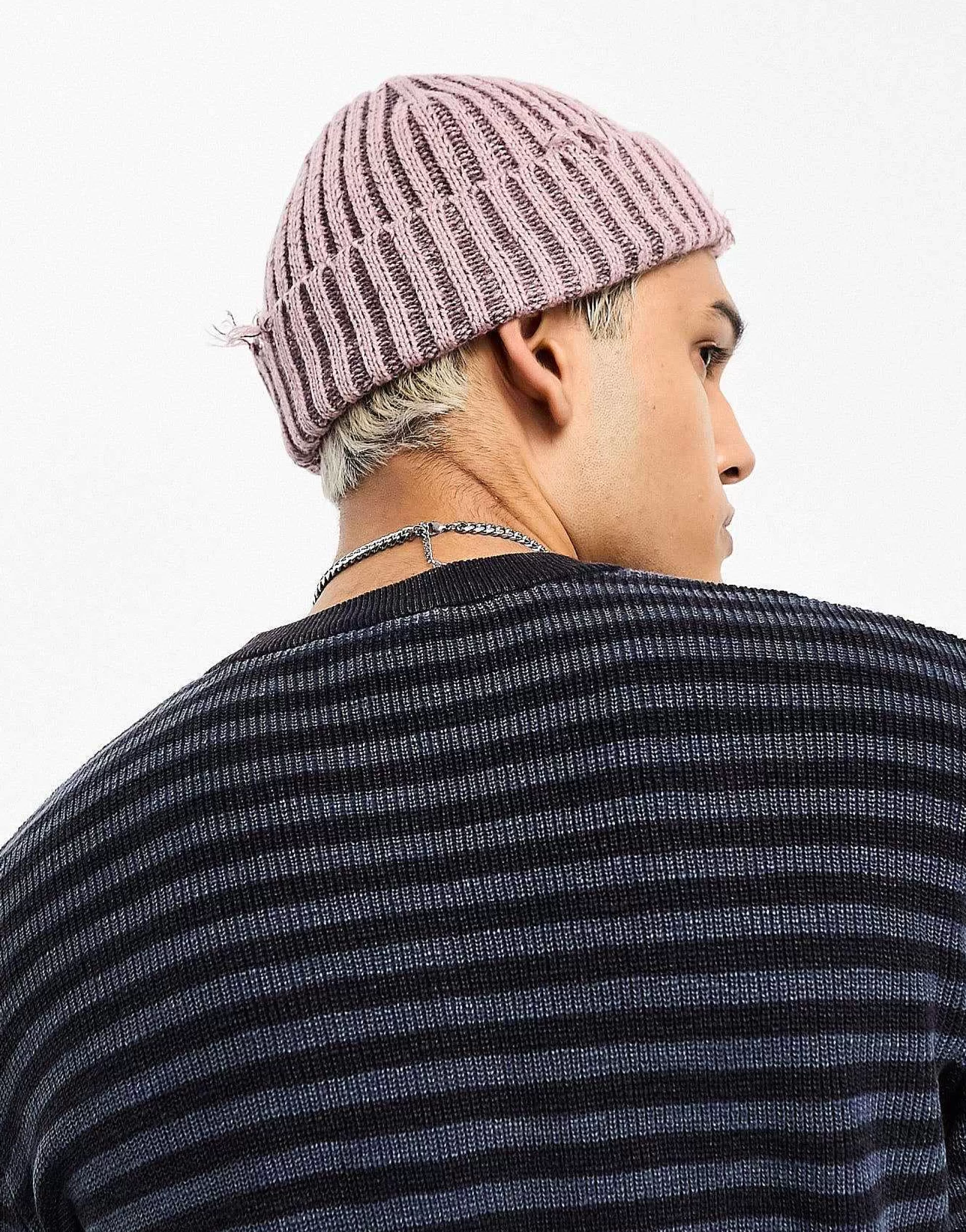 Men DESIGN Distressed Beanie In Lilac