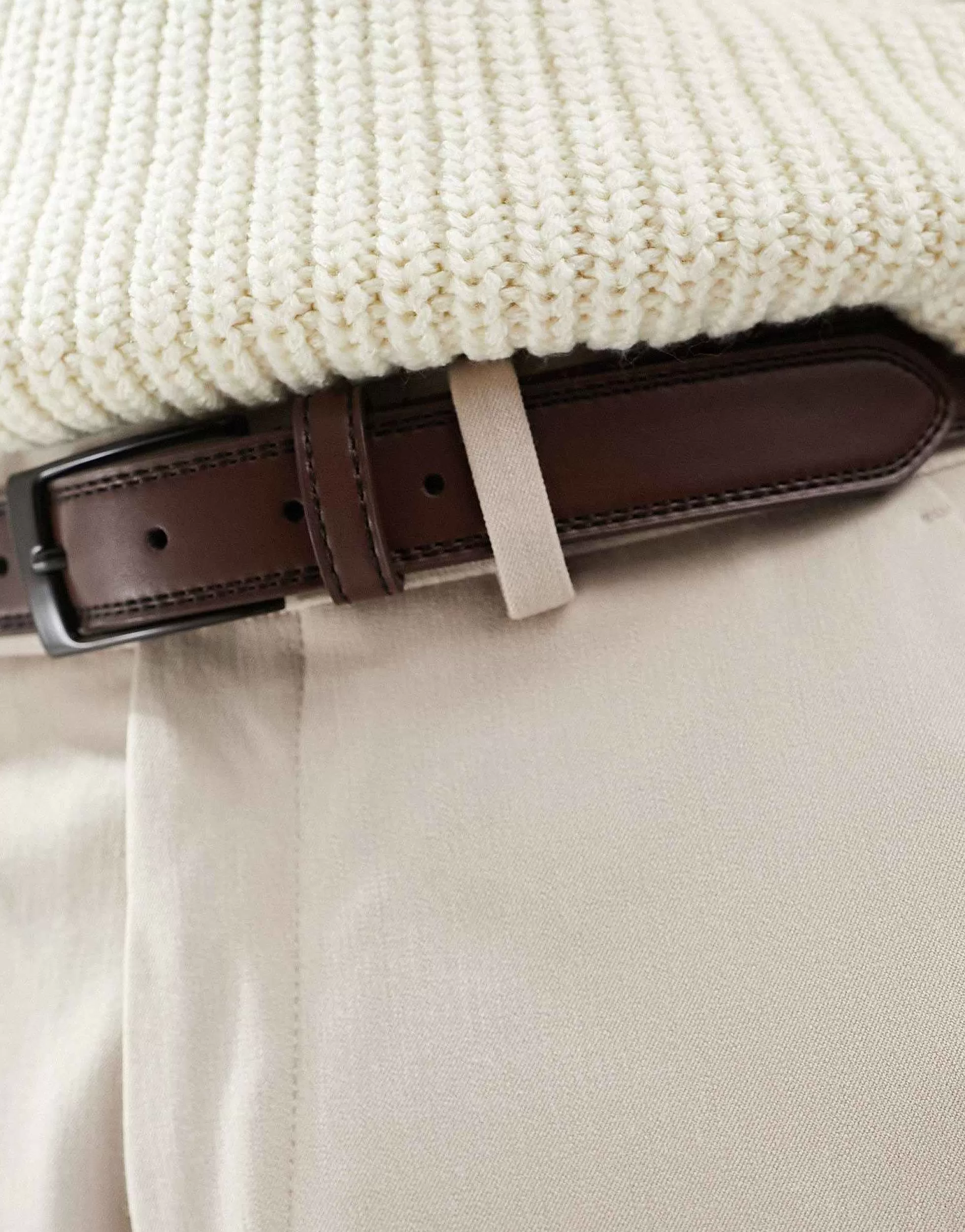Men DESIGN Faux Leather Belt With Contrast Black Stitch In