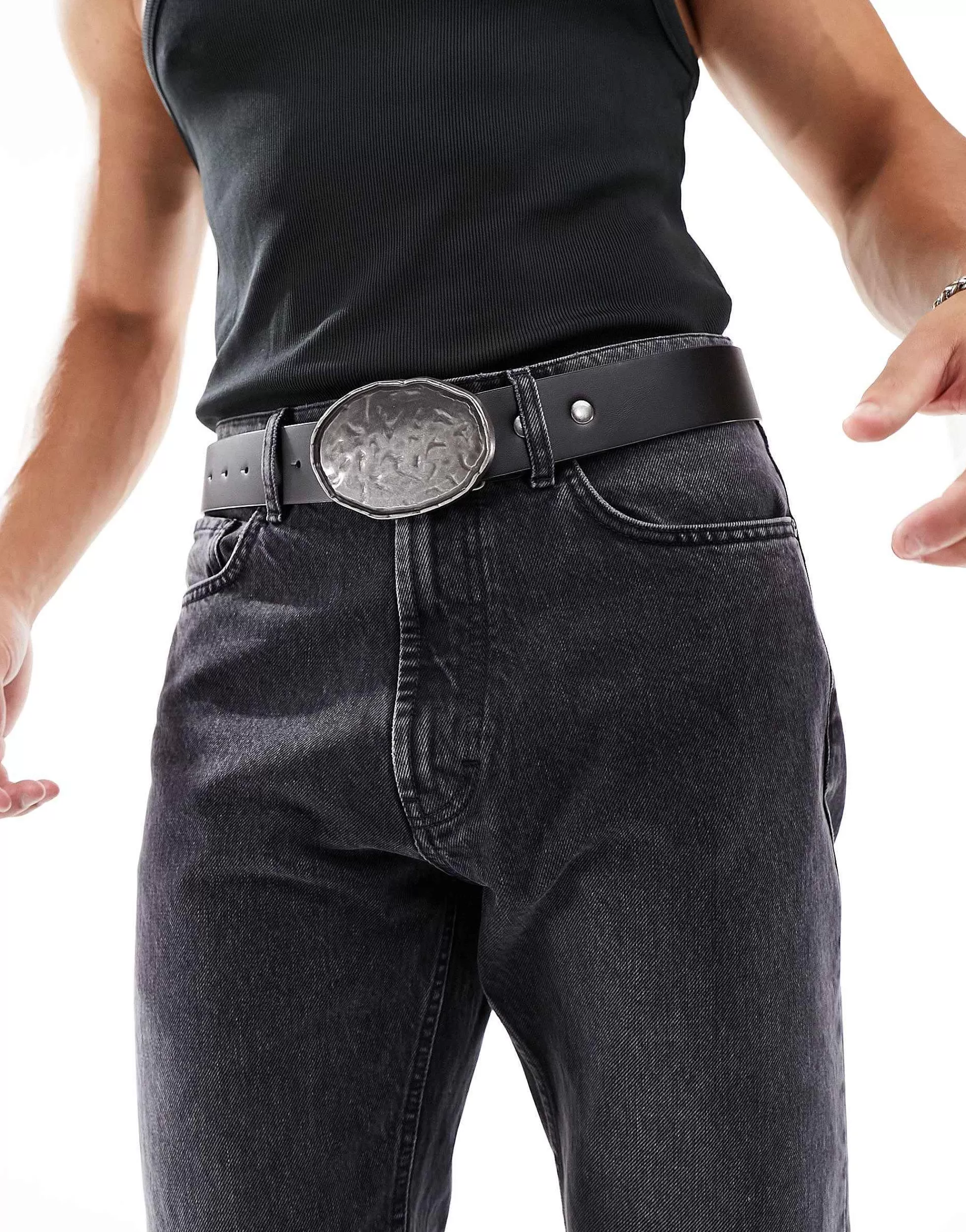 Men DESIGN Faux Leather Belt With Western Statement Buckle In