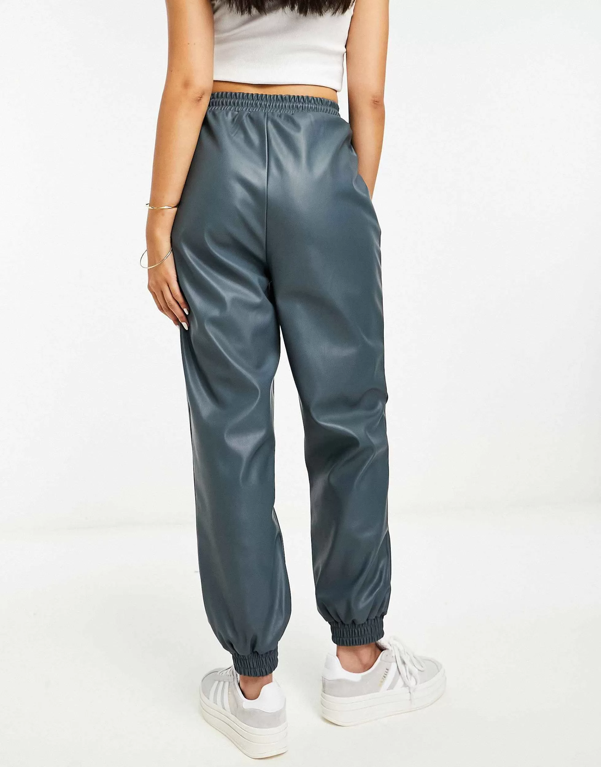 Women DESIGN Faux Leather Jogger In Dark Grey