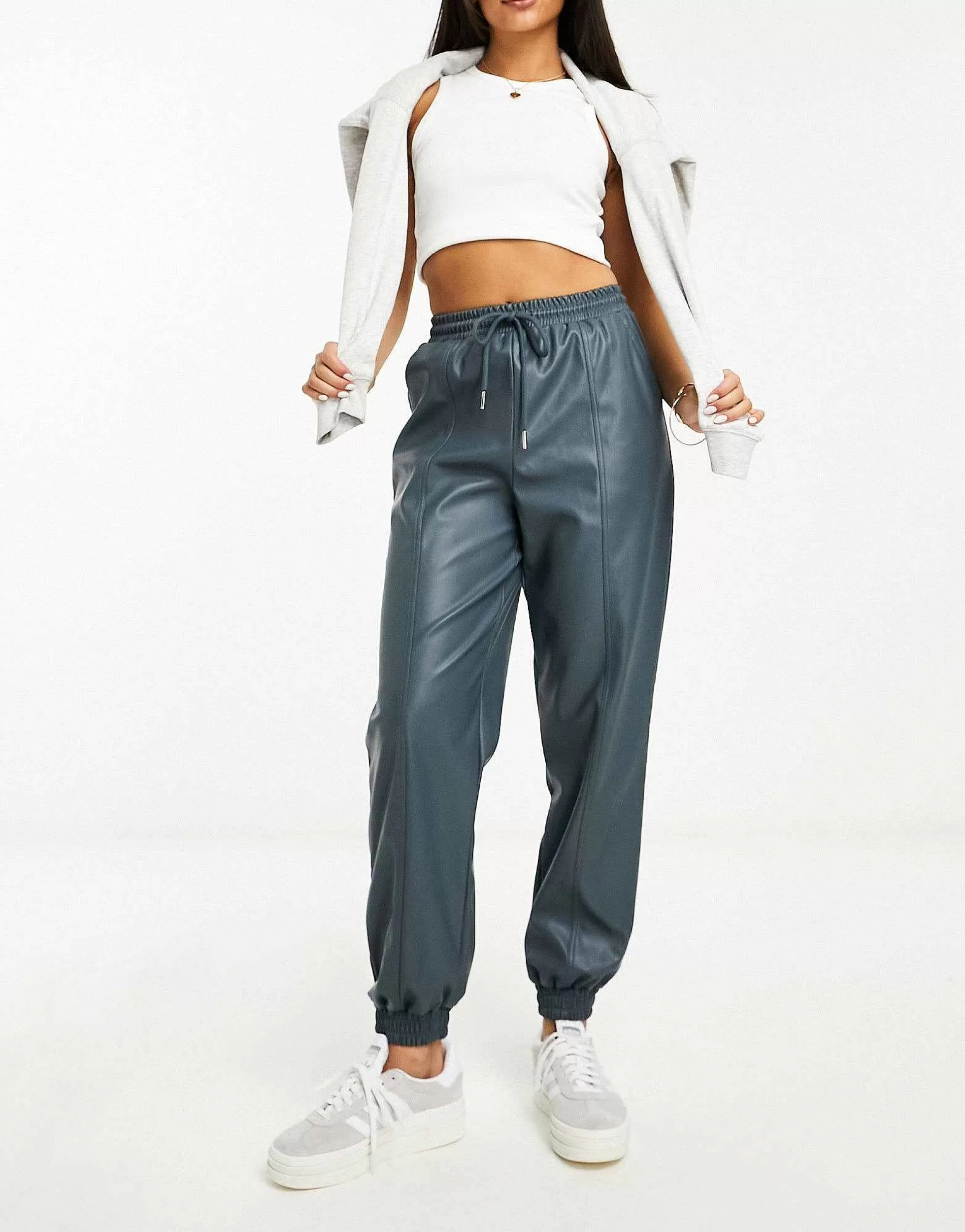Women DESIGN Faux Leather Jogger In Dark Grey