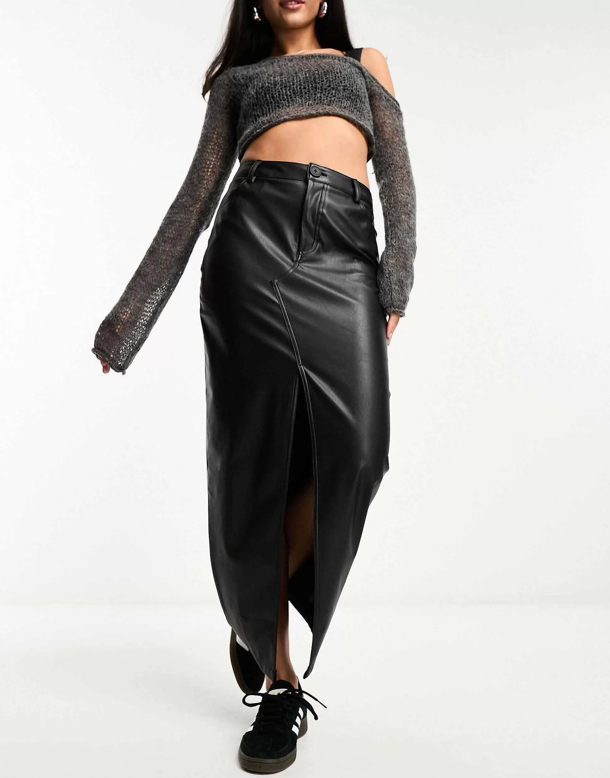 Women DESIGN Faux Leather Maxi Skirt With Front Split In
