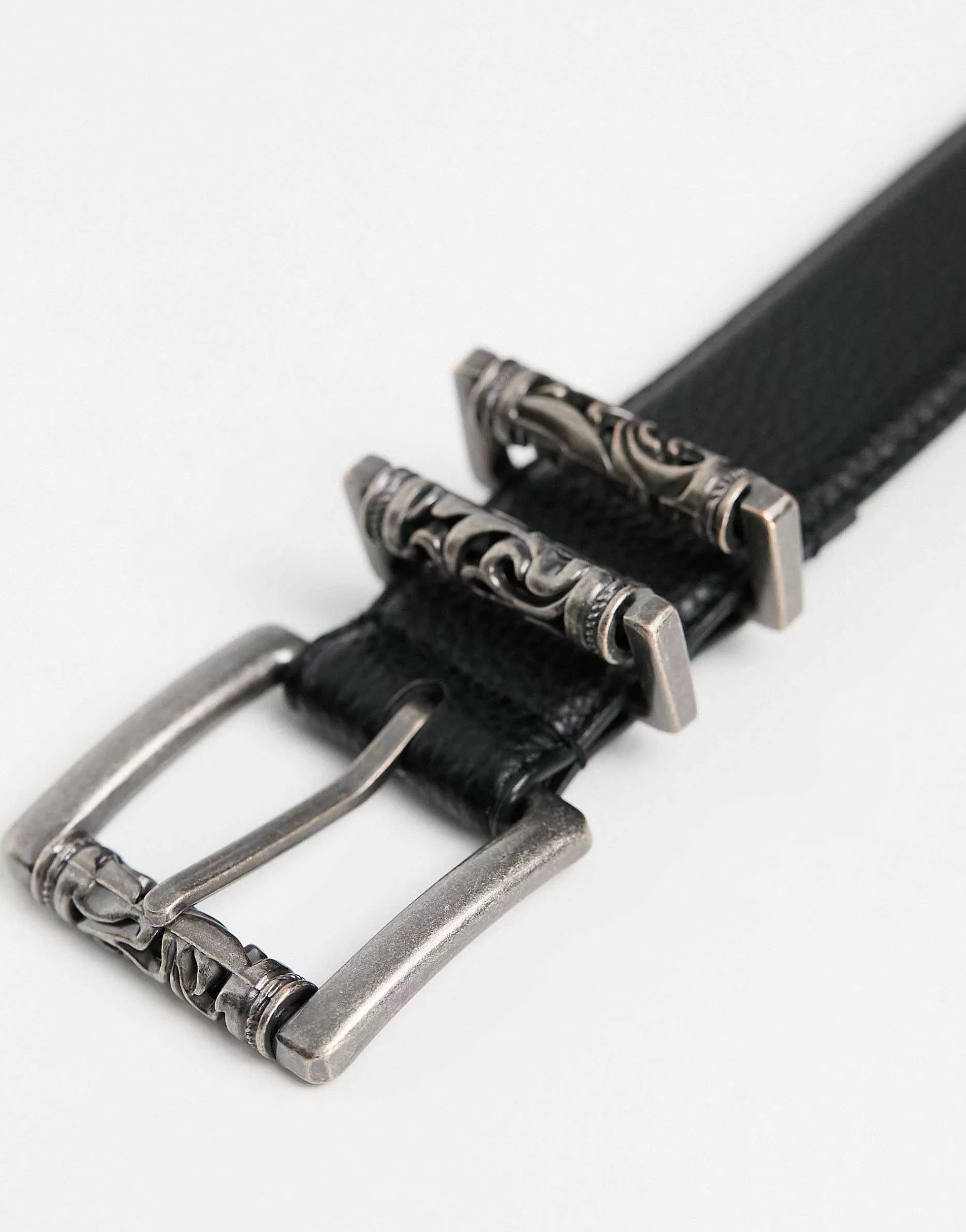 Men DESIGN Faux Leather Pebbled Belt With Engraved Burnished Buckles In