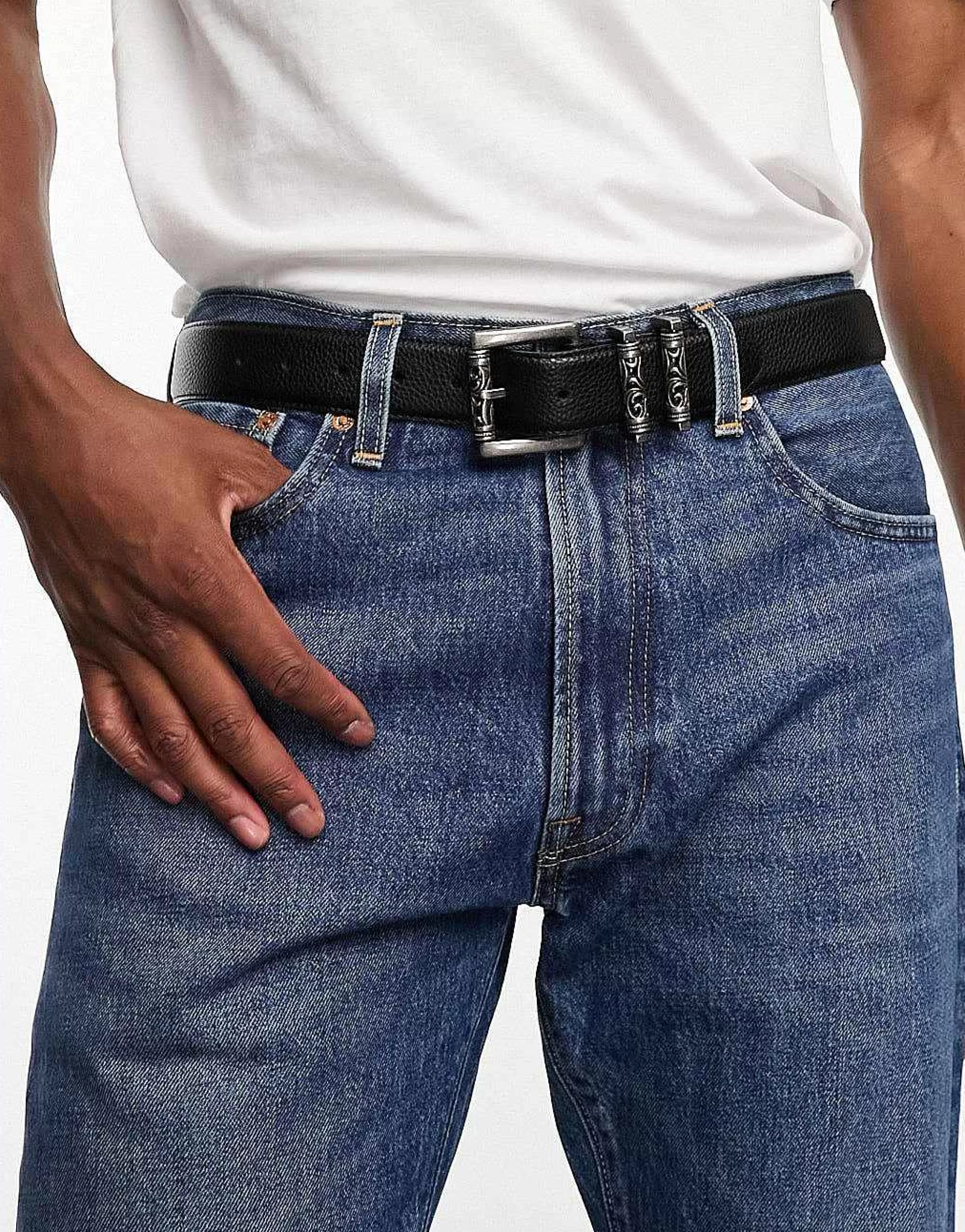 Men DESIGN Faux Leather Pebbled Belt With Engraved Burnished Buckles In