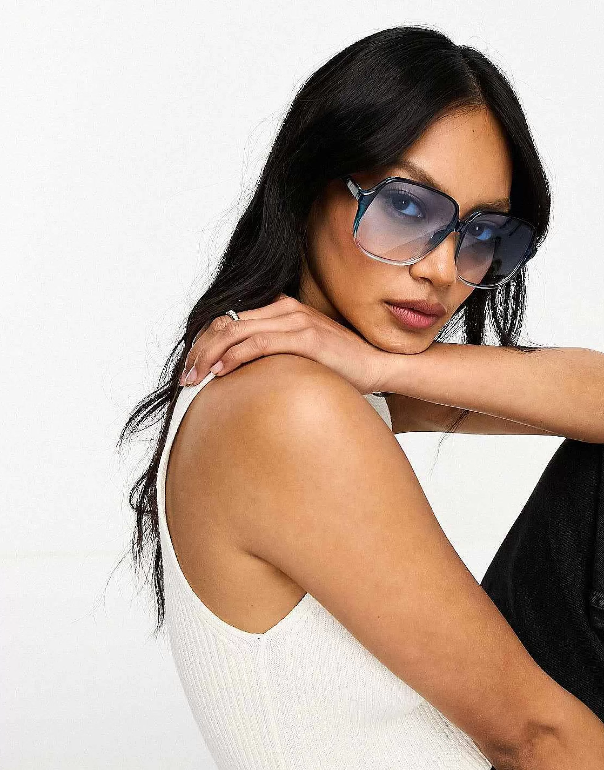 Women DESIGN Fine Frame Oversized 70S Sunglasses In Crystal Blue