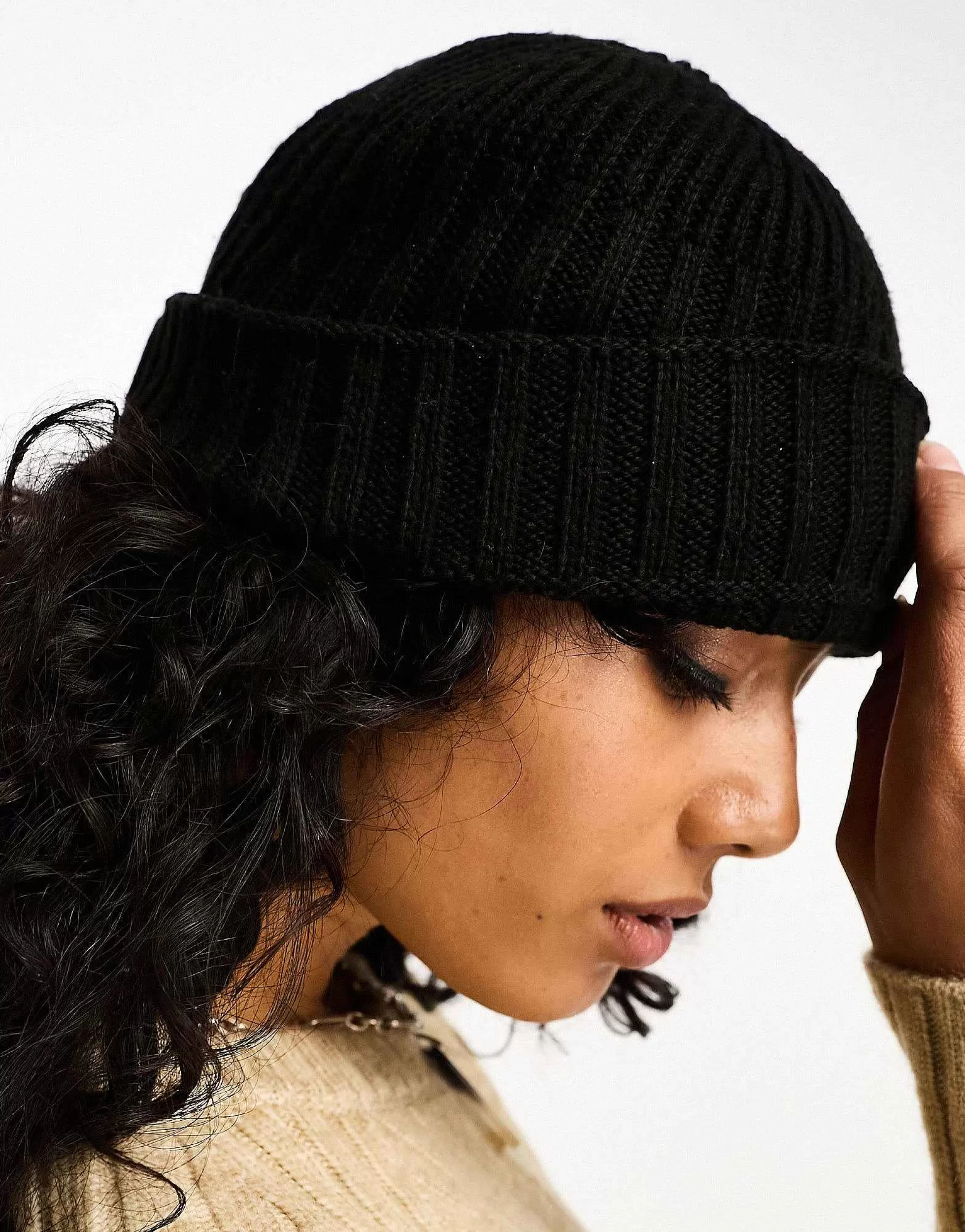 Women DESIGN Fisherman Rib Beanie Hat In Polyester In