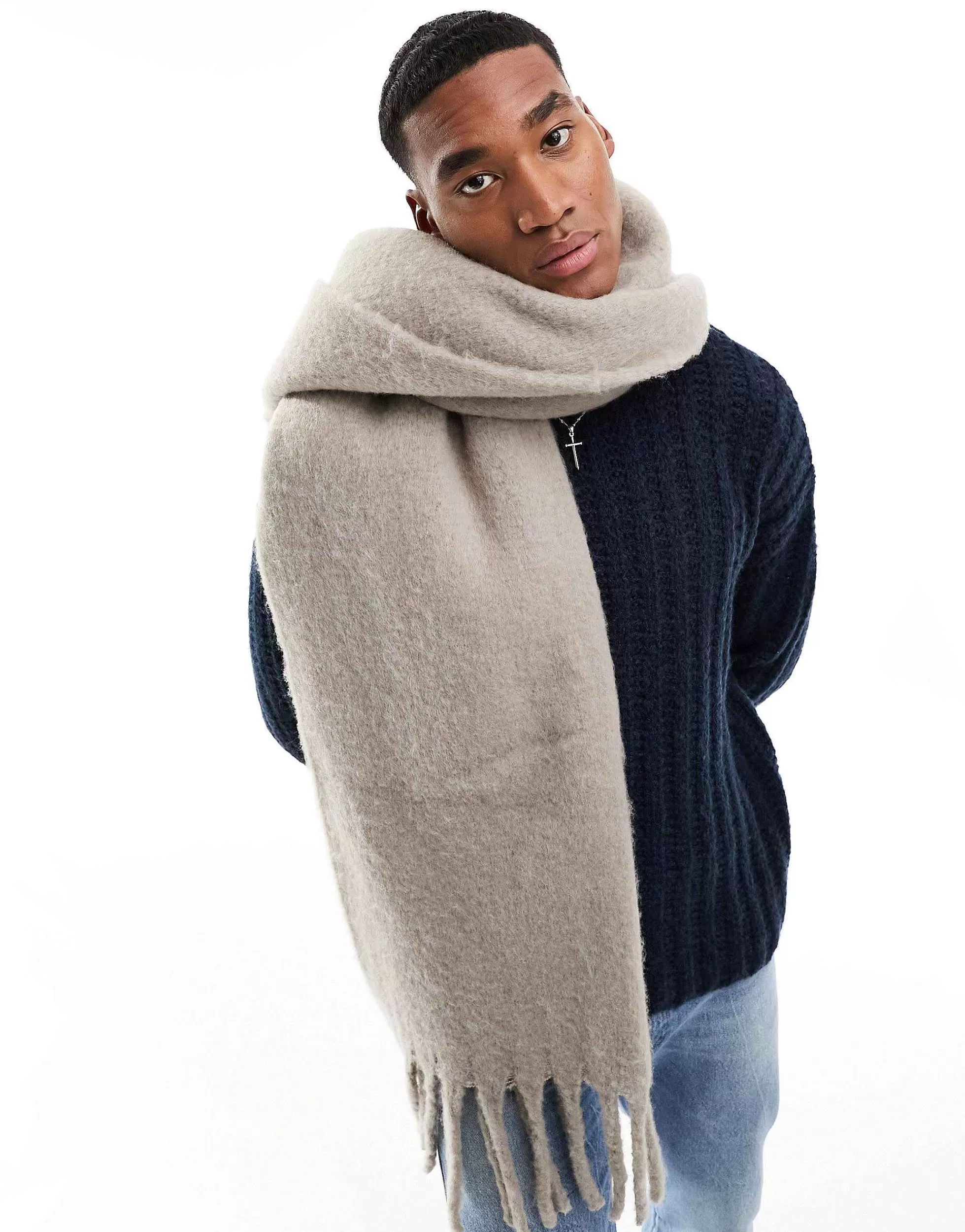 Men DESIGN Fluffy Blanket Scarf In Grey