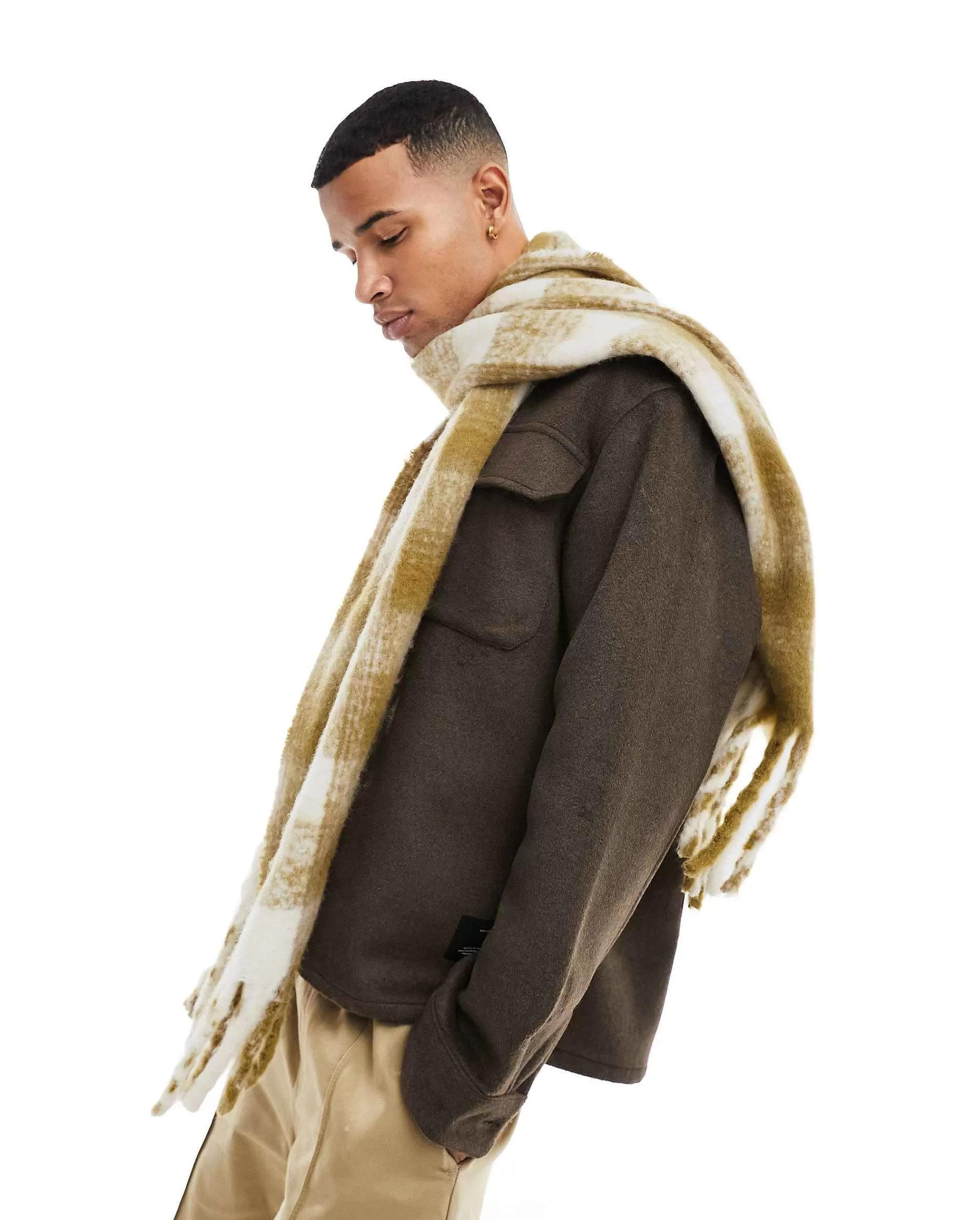 Men DESIGN Fluffy Scarf In Olive Check