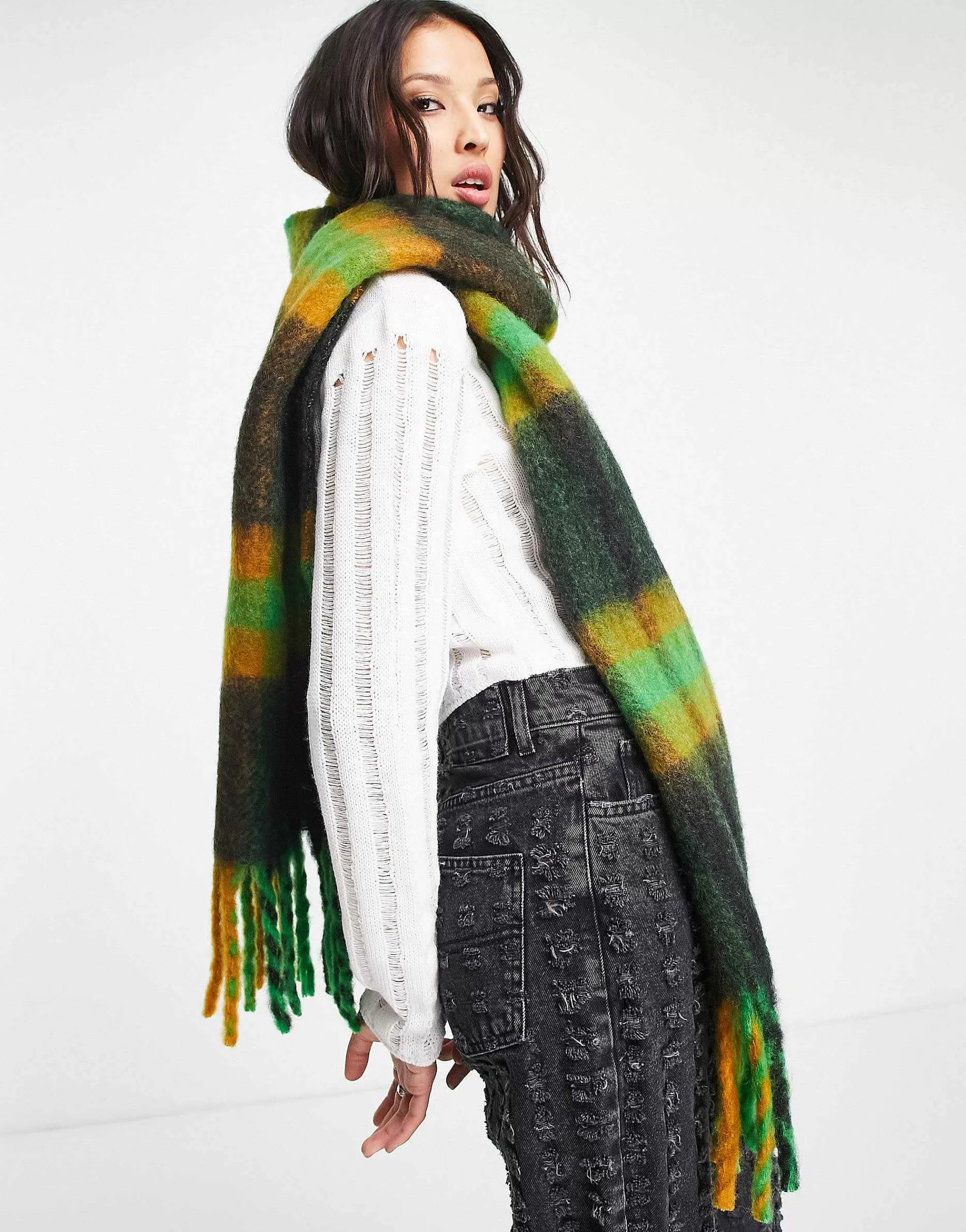 Women DESIGN Fluffy Wool Mix Tassel Scarf In Mustard & Green Check