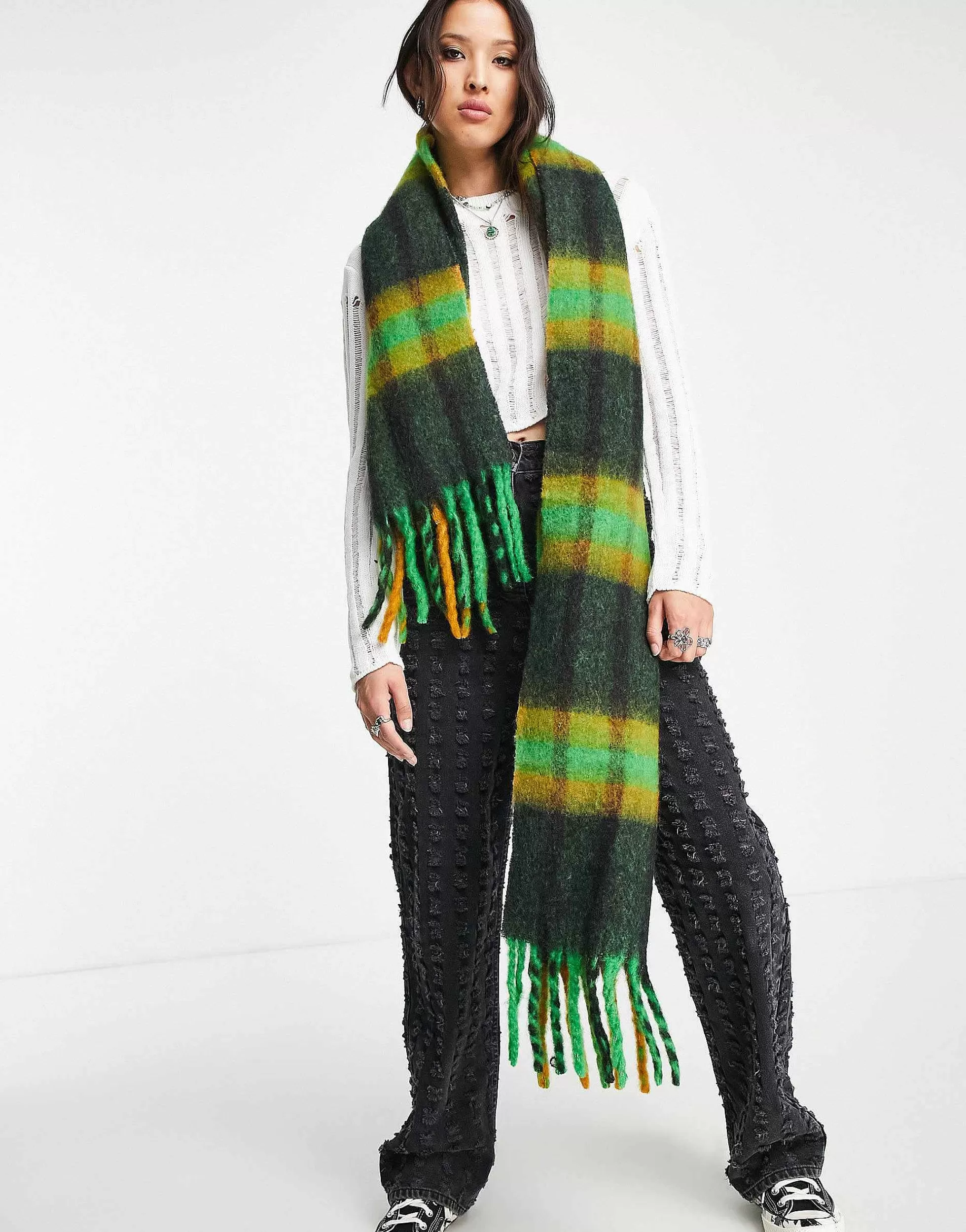 Women DESIGN Fluffy Wool Mix Tassel Scarf In Mustard & Green Check
