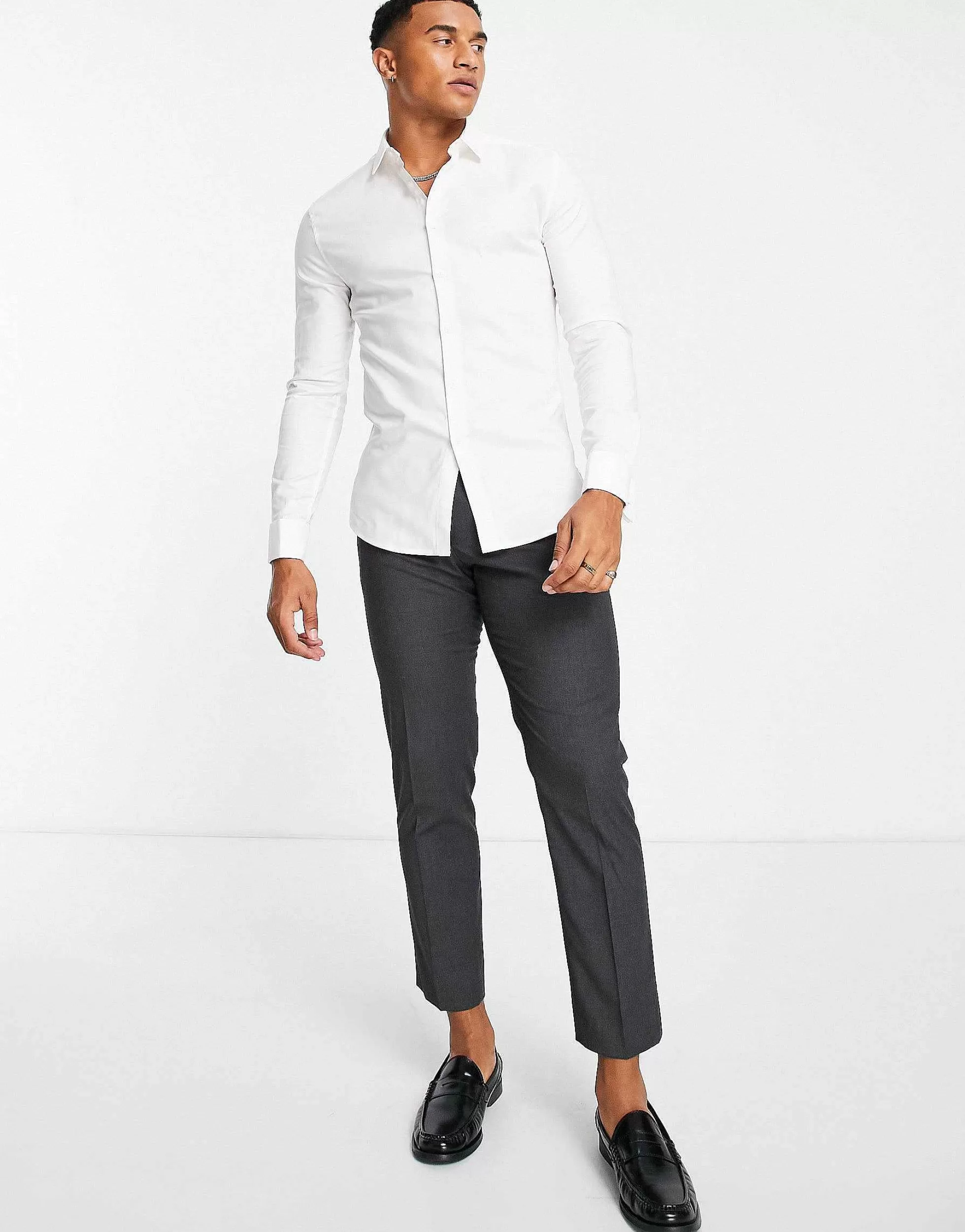 Men DESIGN Formal Skinny Fit Oxford Shirt With Double Cuff In