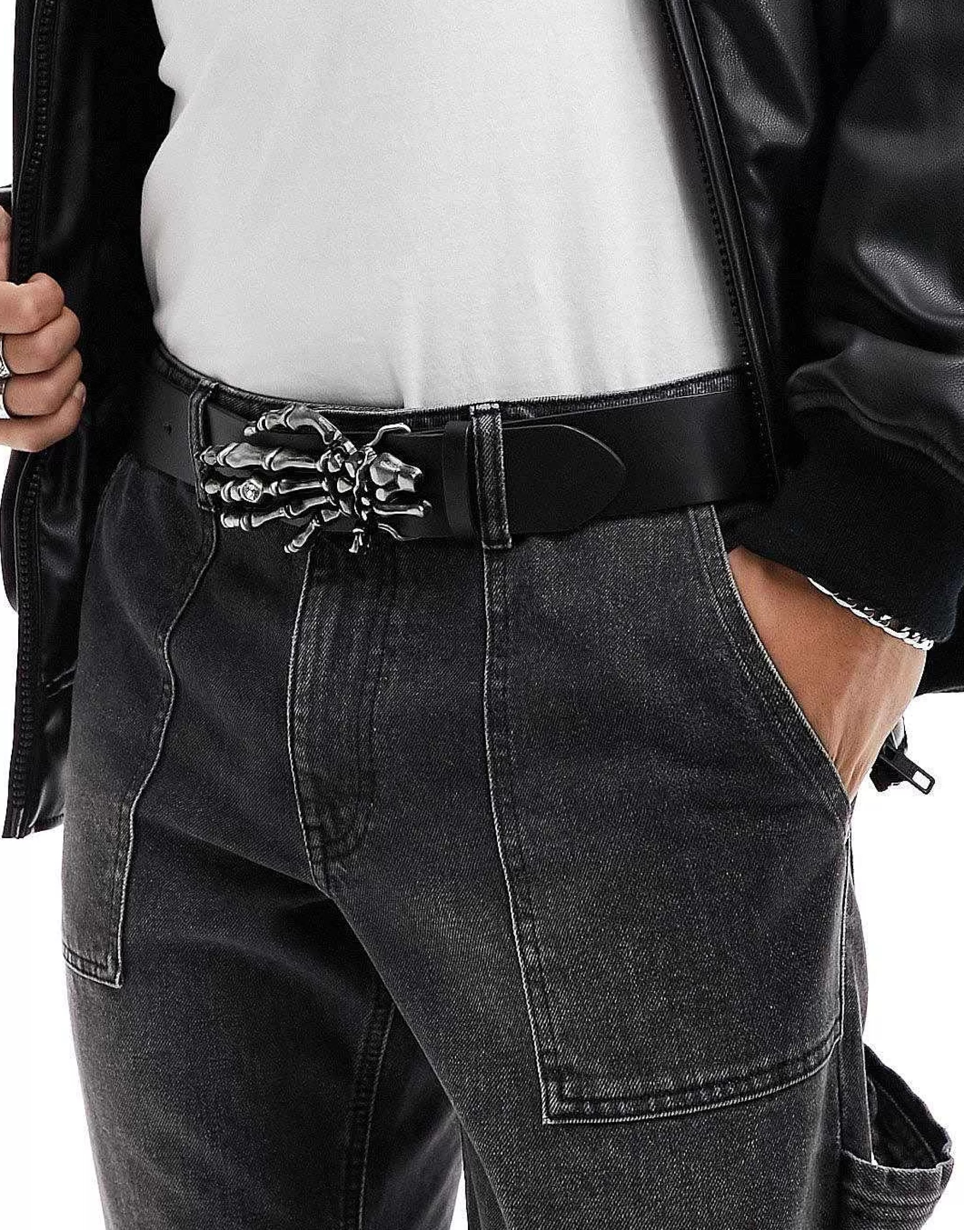 Men DESIGN Halloween Faux Leather Belt With Gunmetal Skull Hand