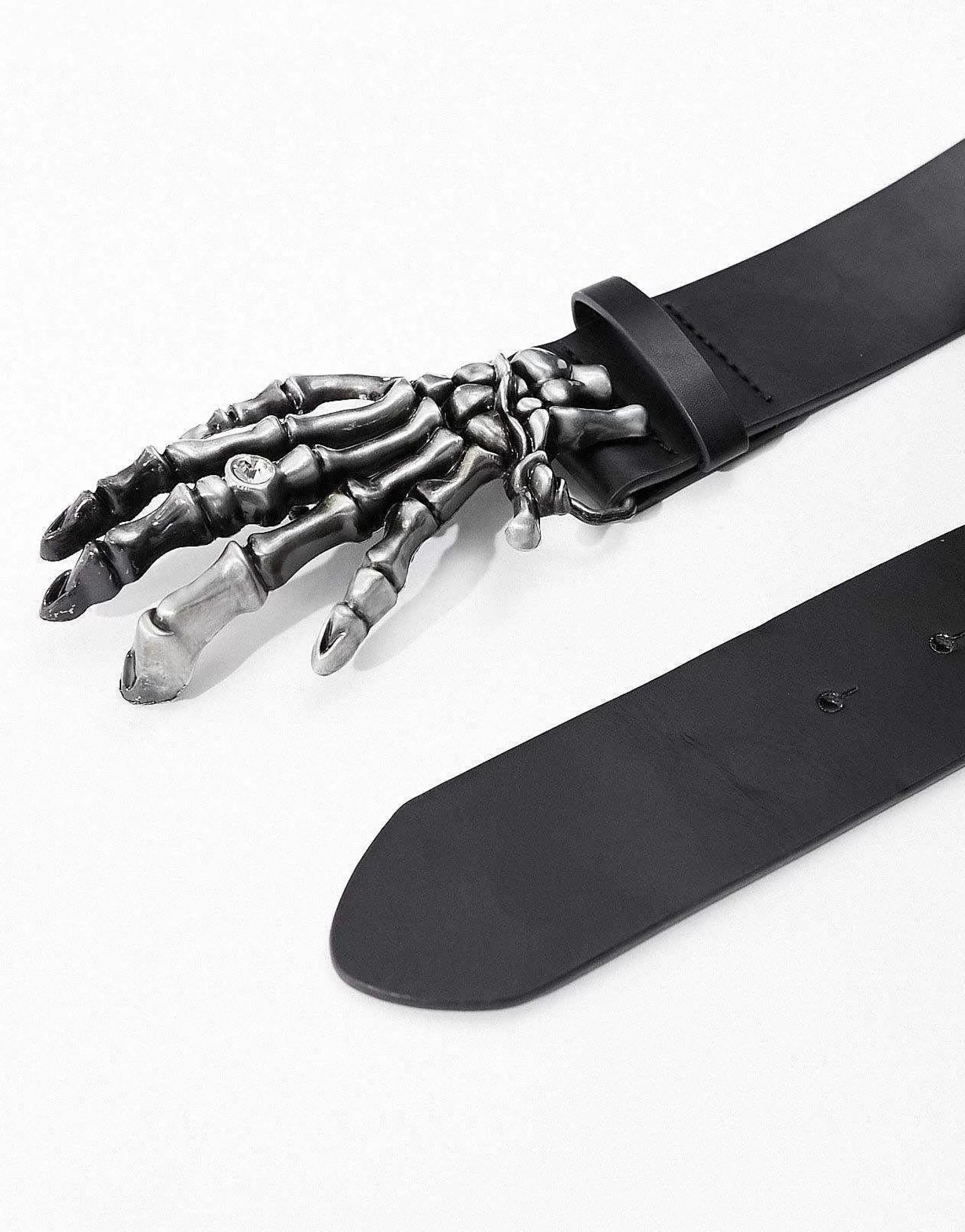 Men DESIGN Halloween Faux Leather Belt With Gunmetal Skull Hand