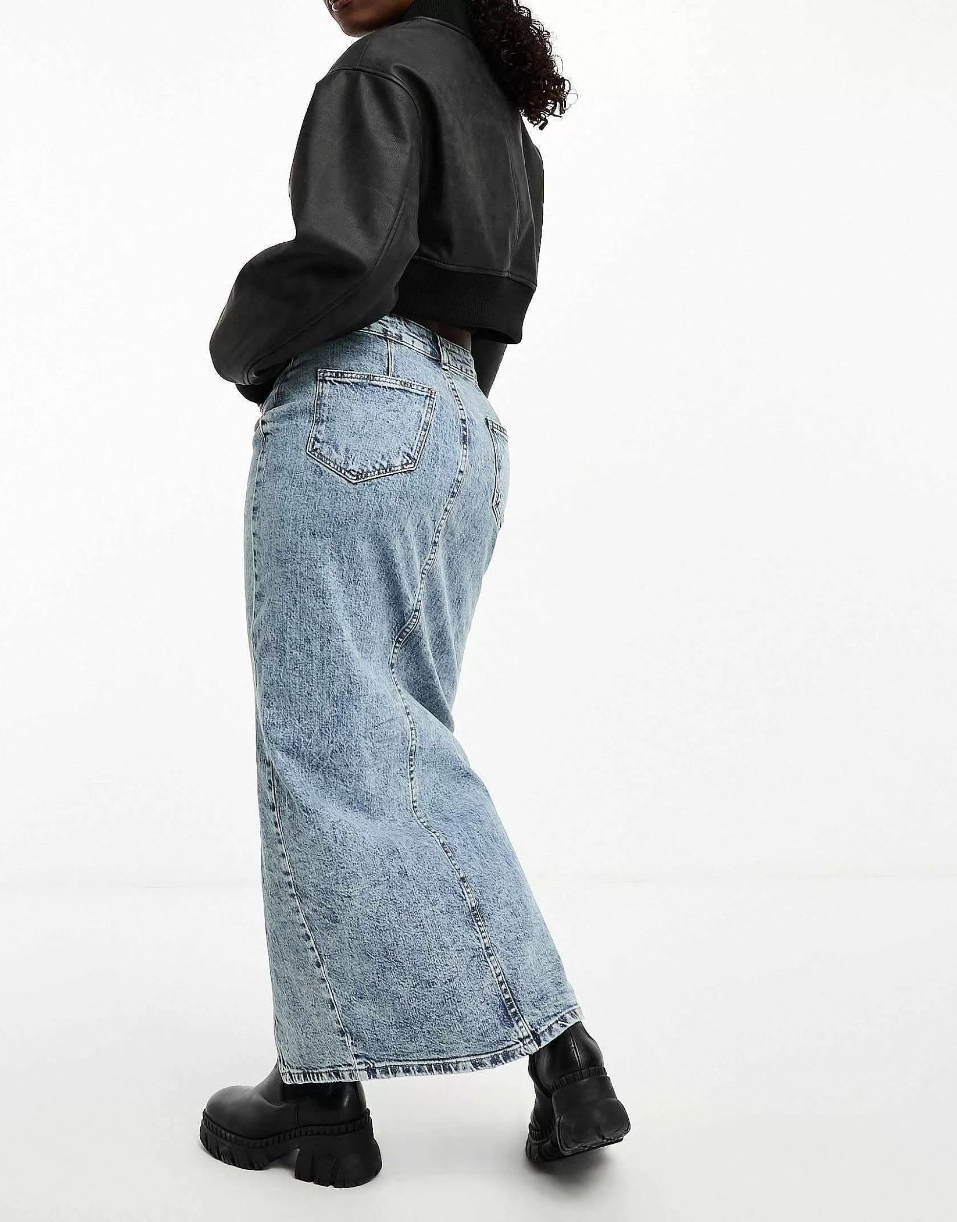 Women DESIGN Hourglass Denim Midi Skirt With Split Hem In Midwash