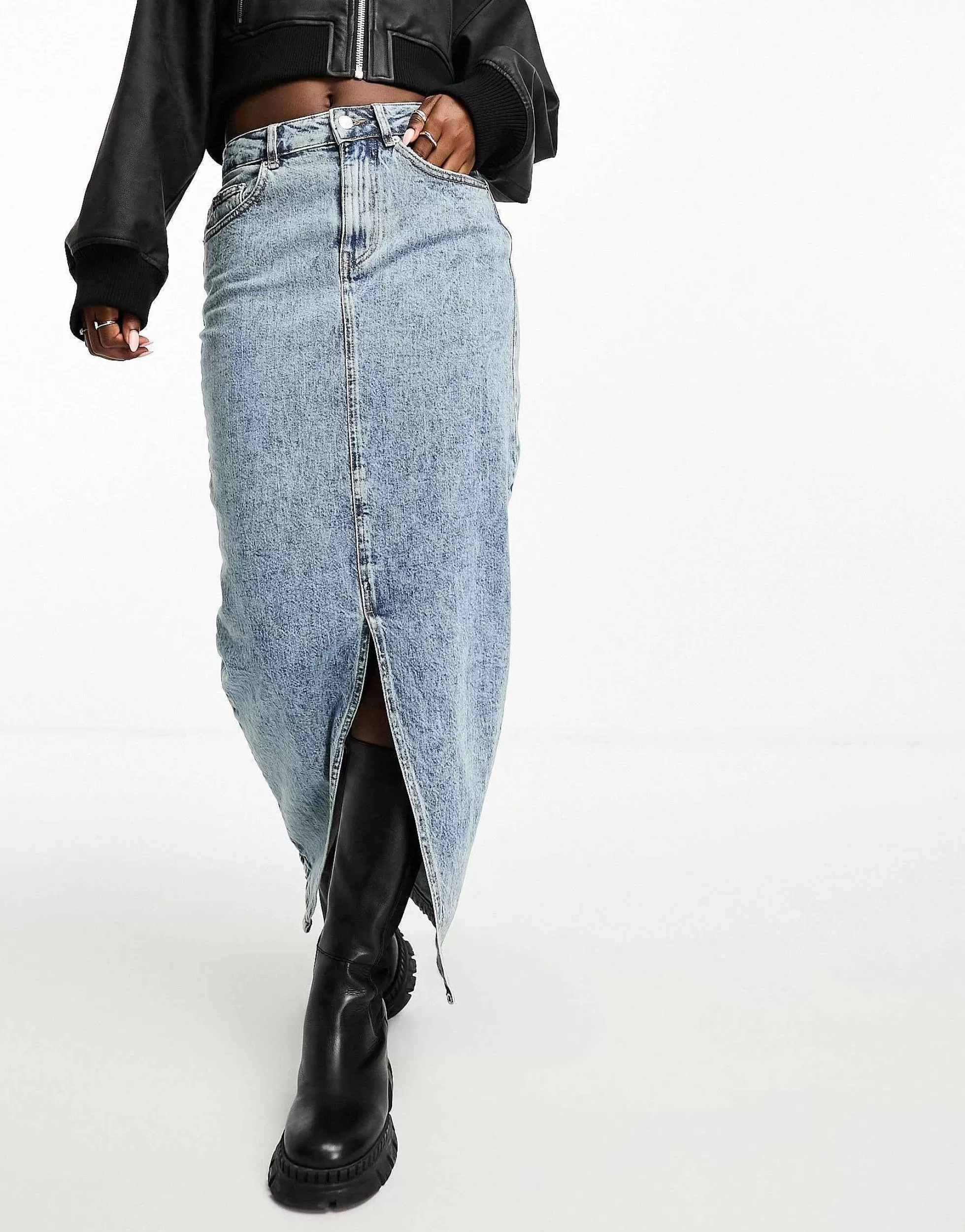 Women DESIGN Hourglass Denim Midi Skirt With Split Hem In Midwash