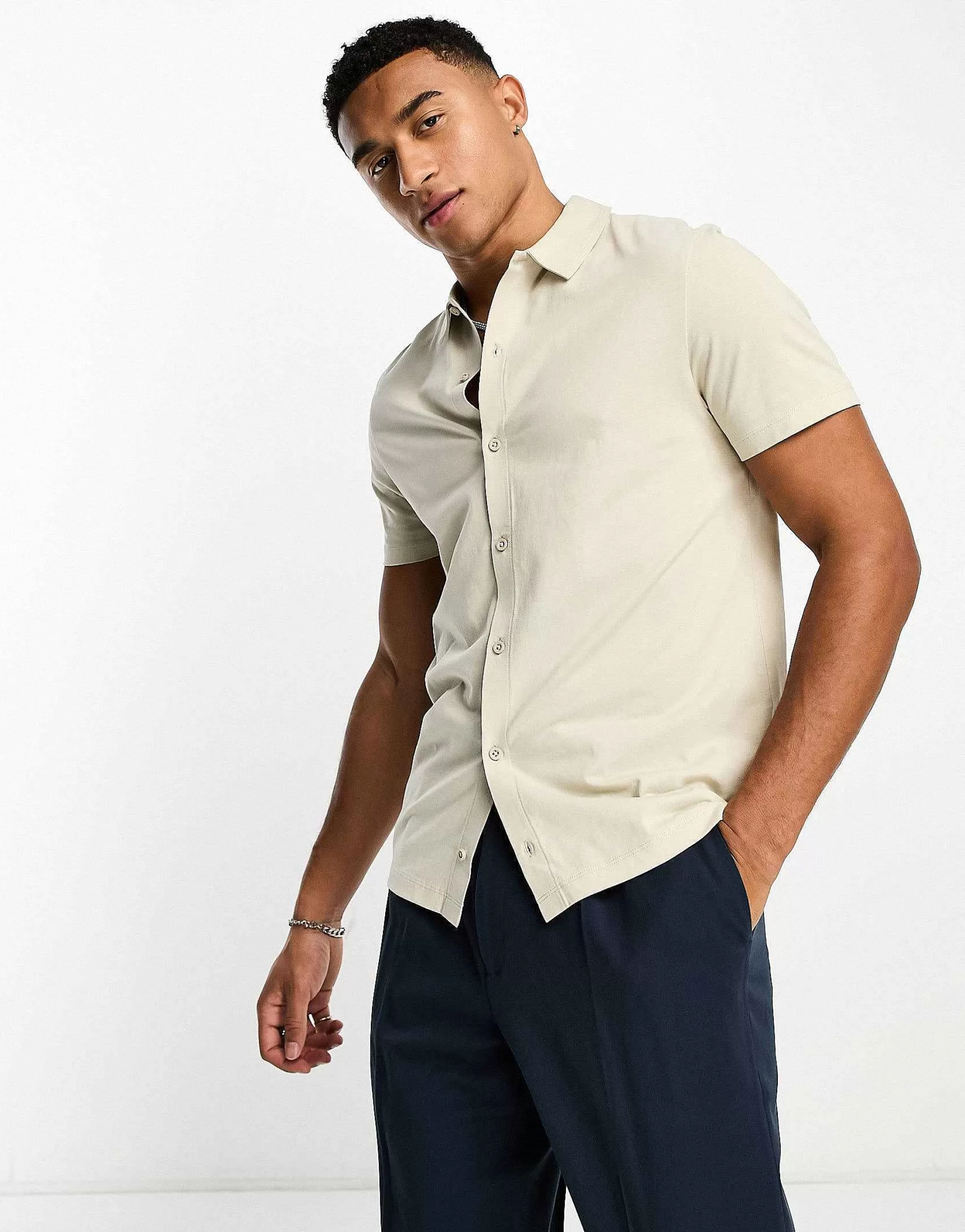 Men DESIGN Jersey Shirt In Beige