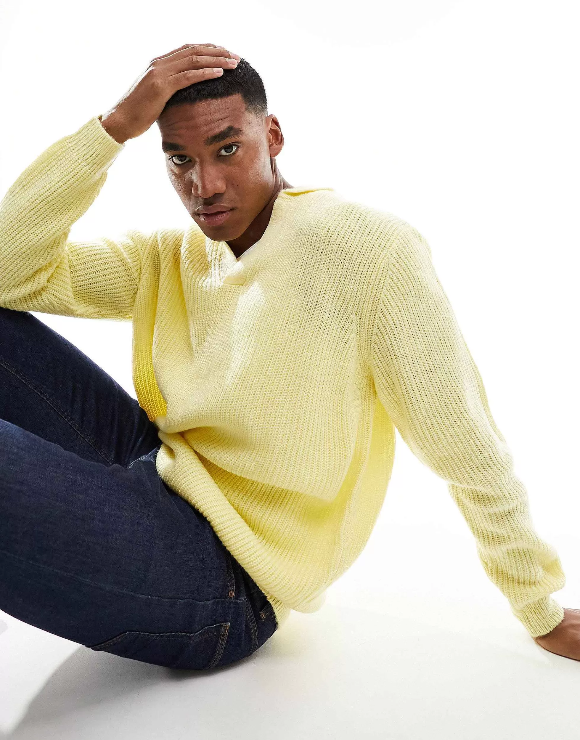 Men DESIGN Knitted Oversized Fisherman Rib Notch Neck Jumper In