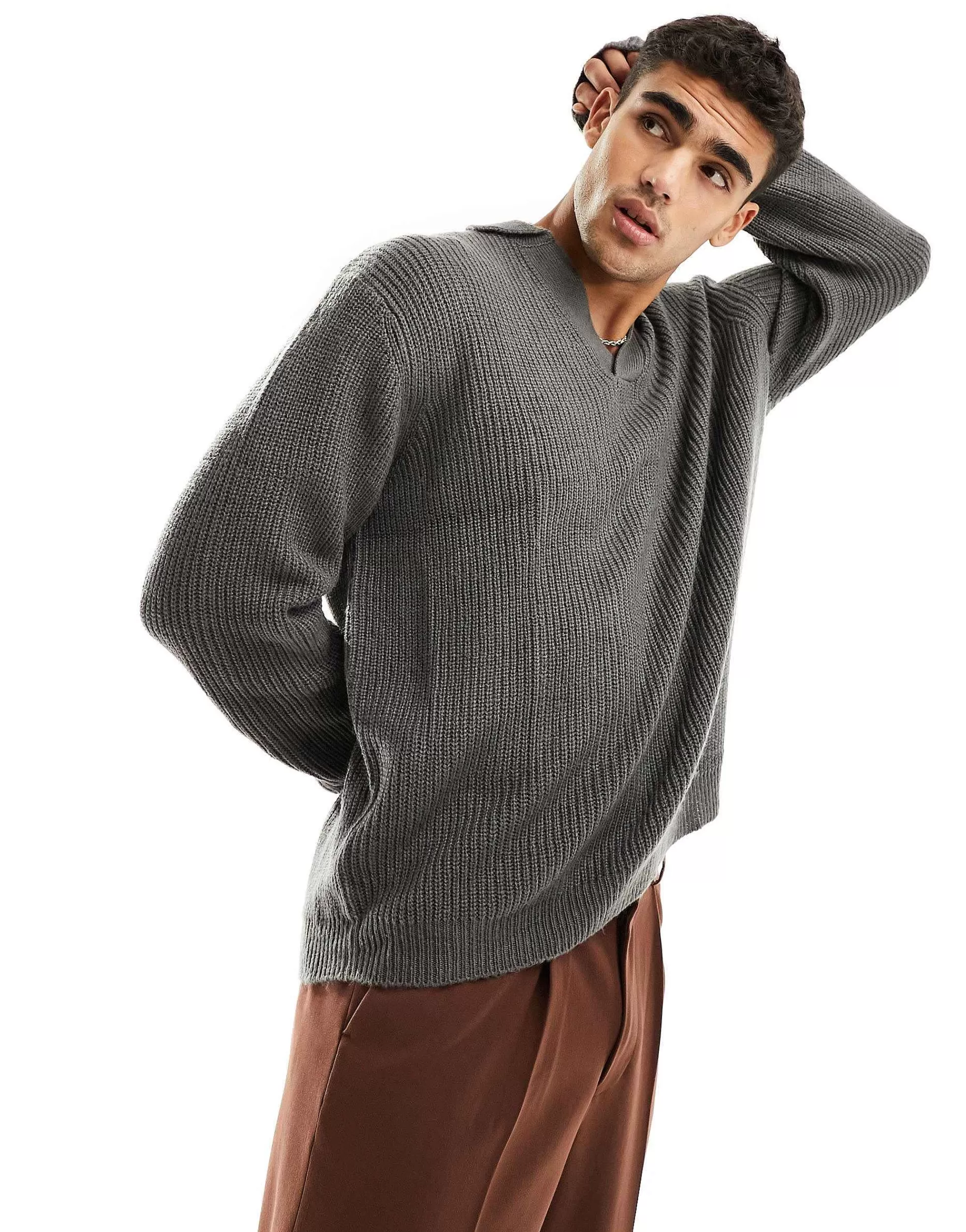 Men DESIGN Knitted Oversized Fisherman Rib Notch Neck Jumper In