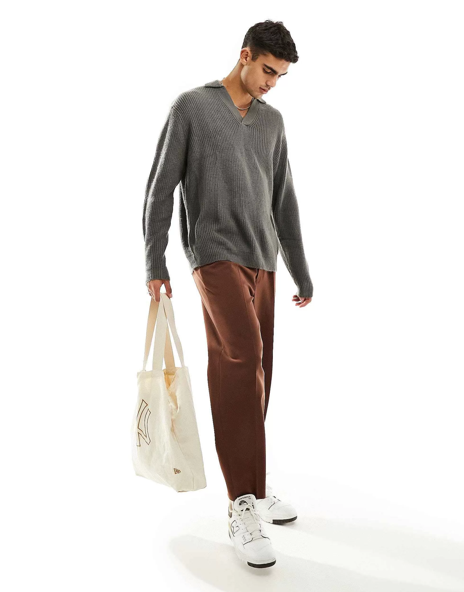 Men DESIGN Knitted Oversized Fisherman Rib Notch Neck Jumper In