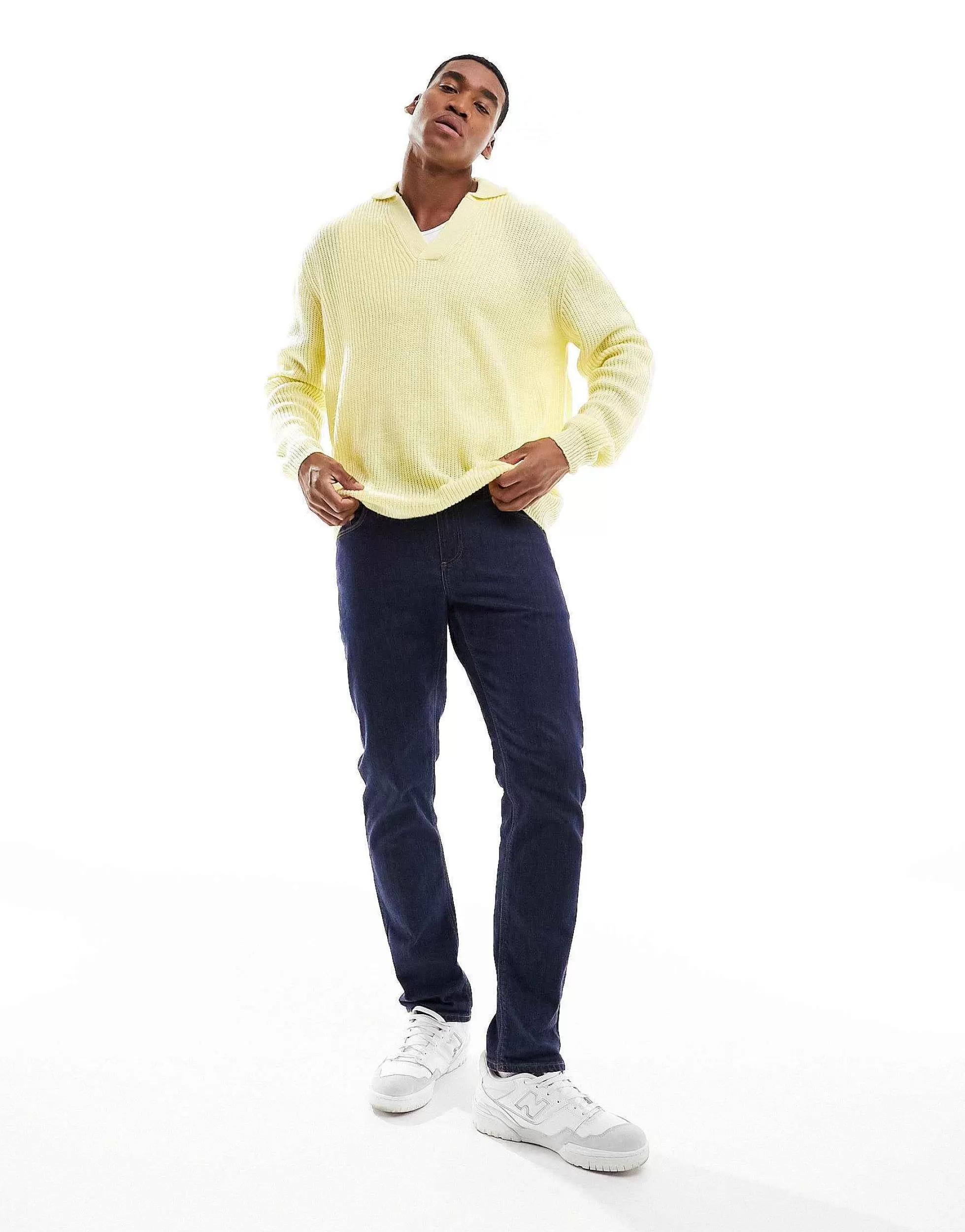 Men DESIGN Knitted Oversized Fisherman Rib Notch Neck Jumper In