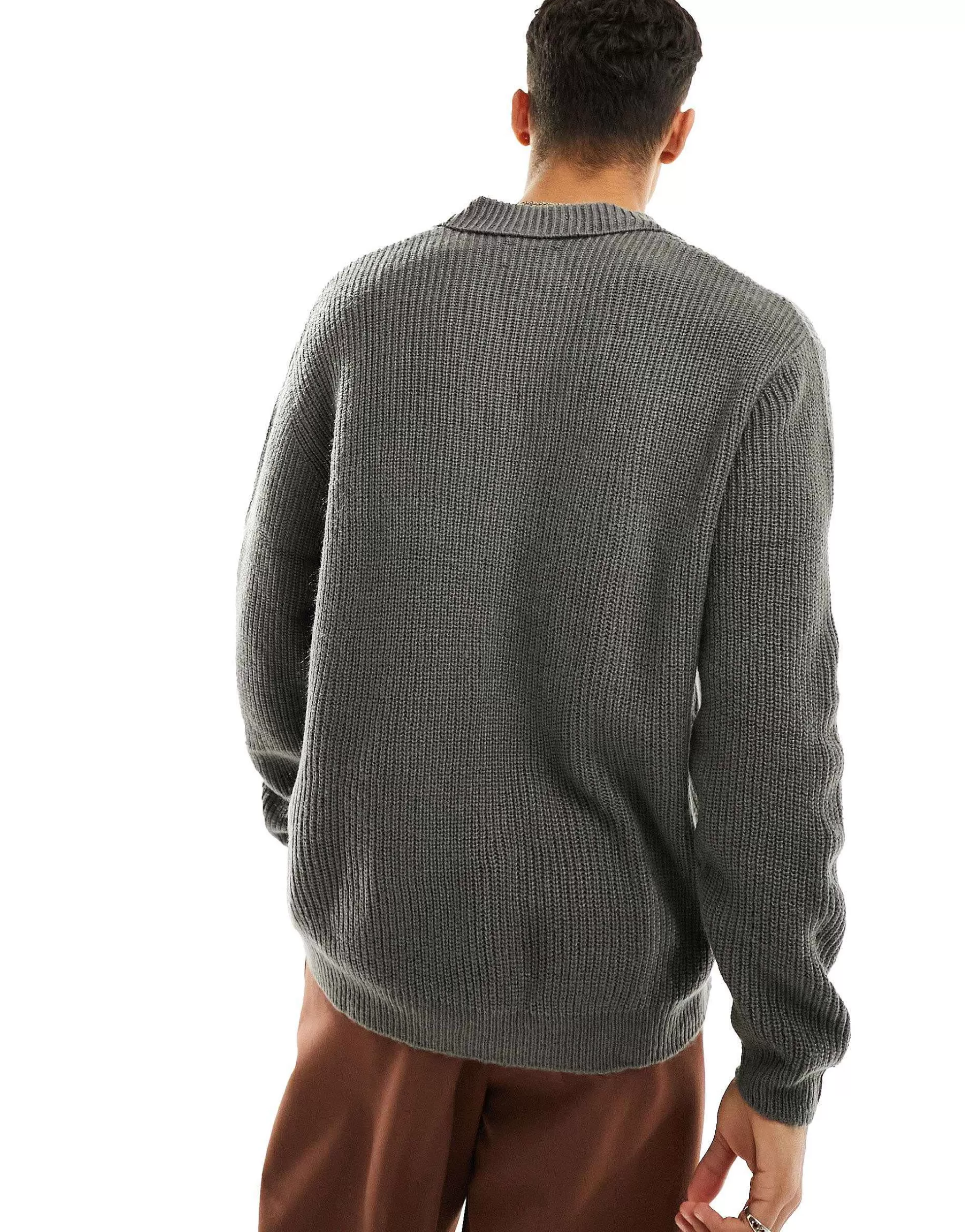 Men DESIGN Knitted Oversized Fisherman Rib Notch Neck Jumper In
