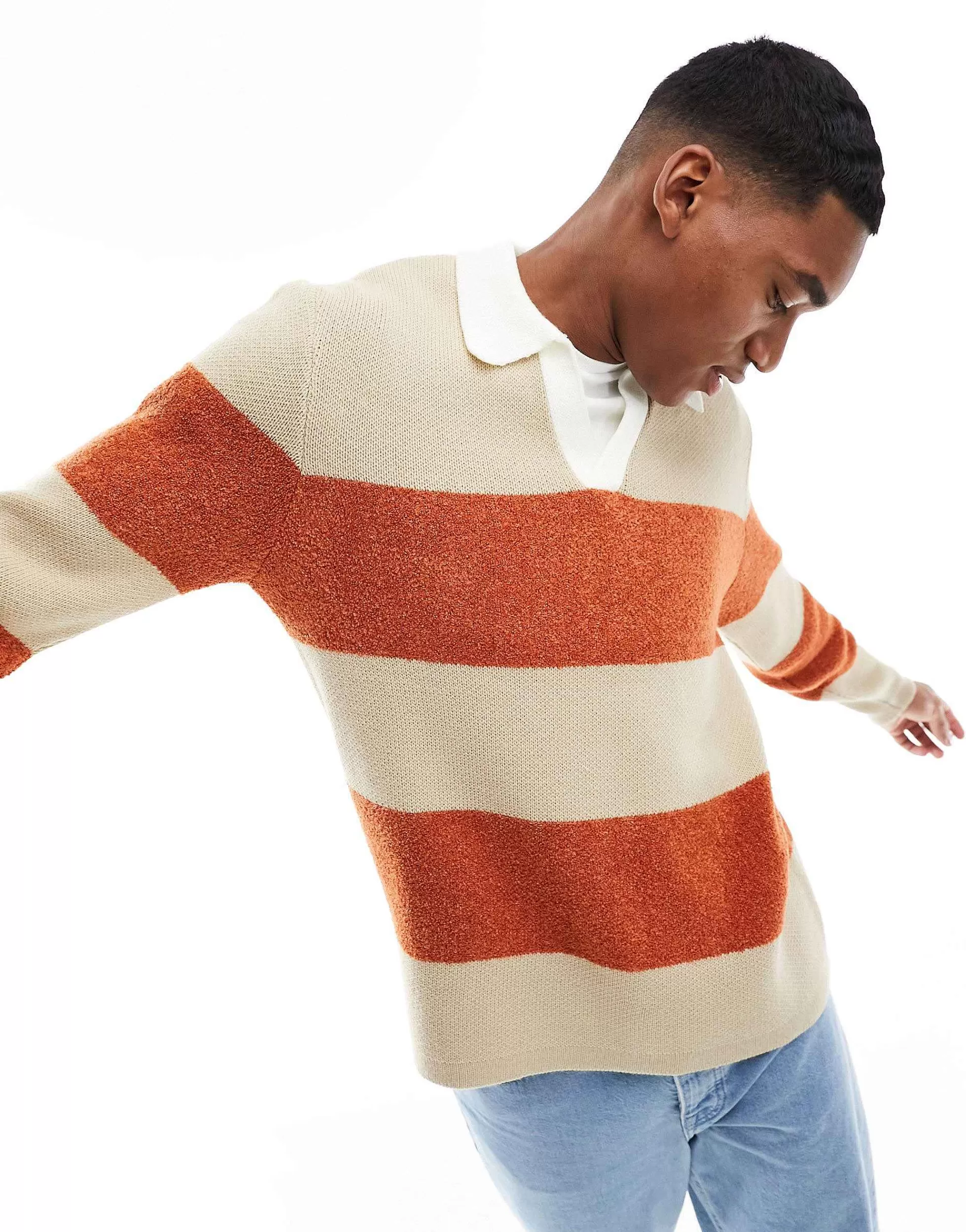 Men DESIGN Knitted Relaxed Rugby Striped Boucle Jumper In Orange And White