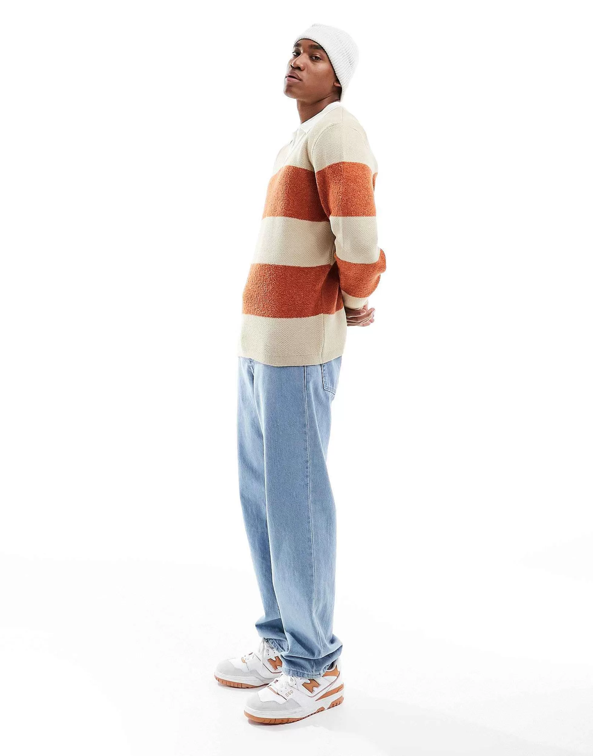 Men DESIGN Knitted Relaxed Rugby Striped Boucle Jumper In Orange And White