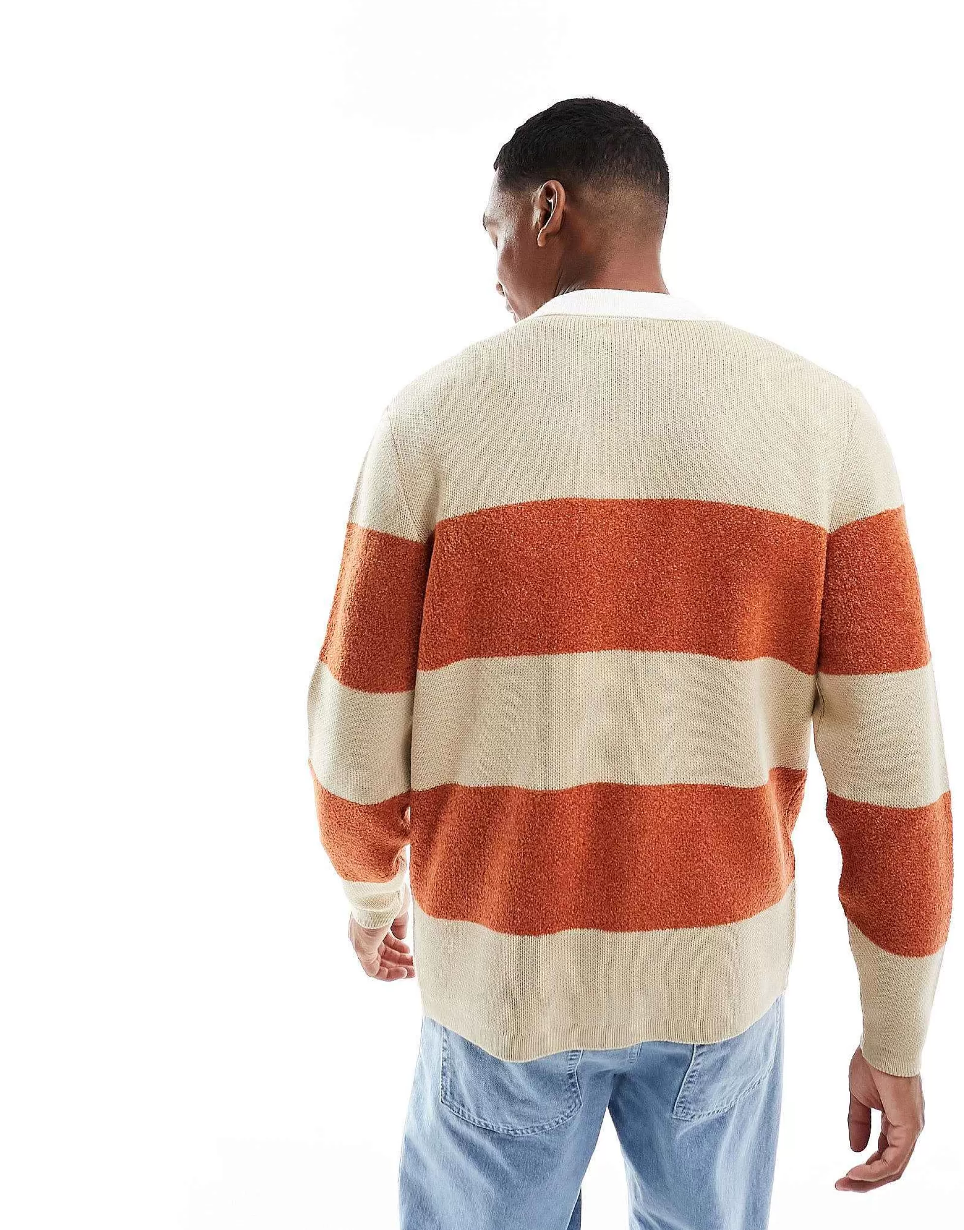 Men DESIGN Knitted Relaxed Rugby Striped Boucle Jumper In Orange And White