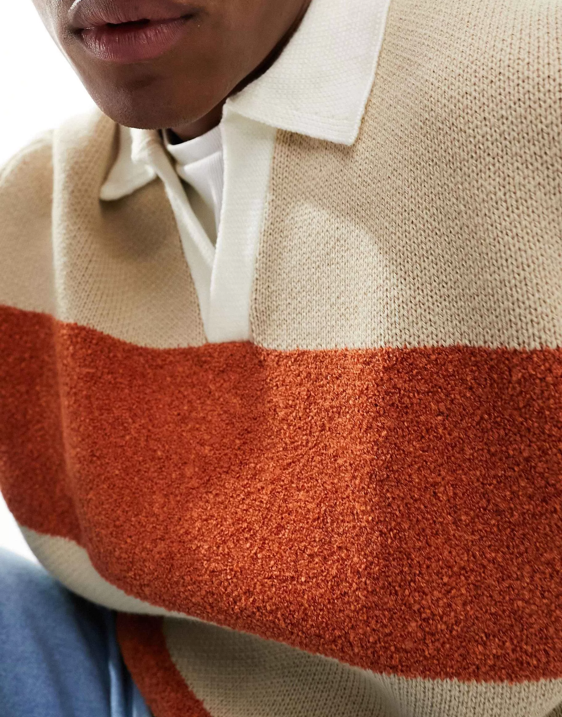 Men DESIGN Knitted Relaxed Rugby Striped Boucle Jumper In Orange And White