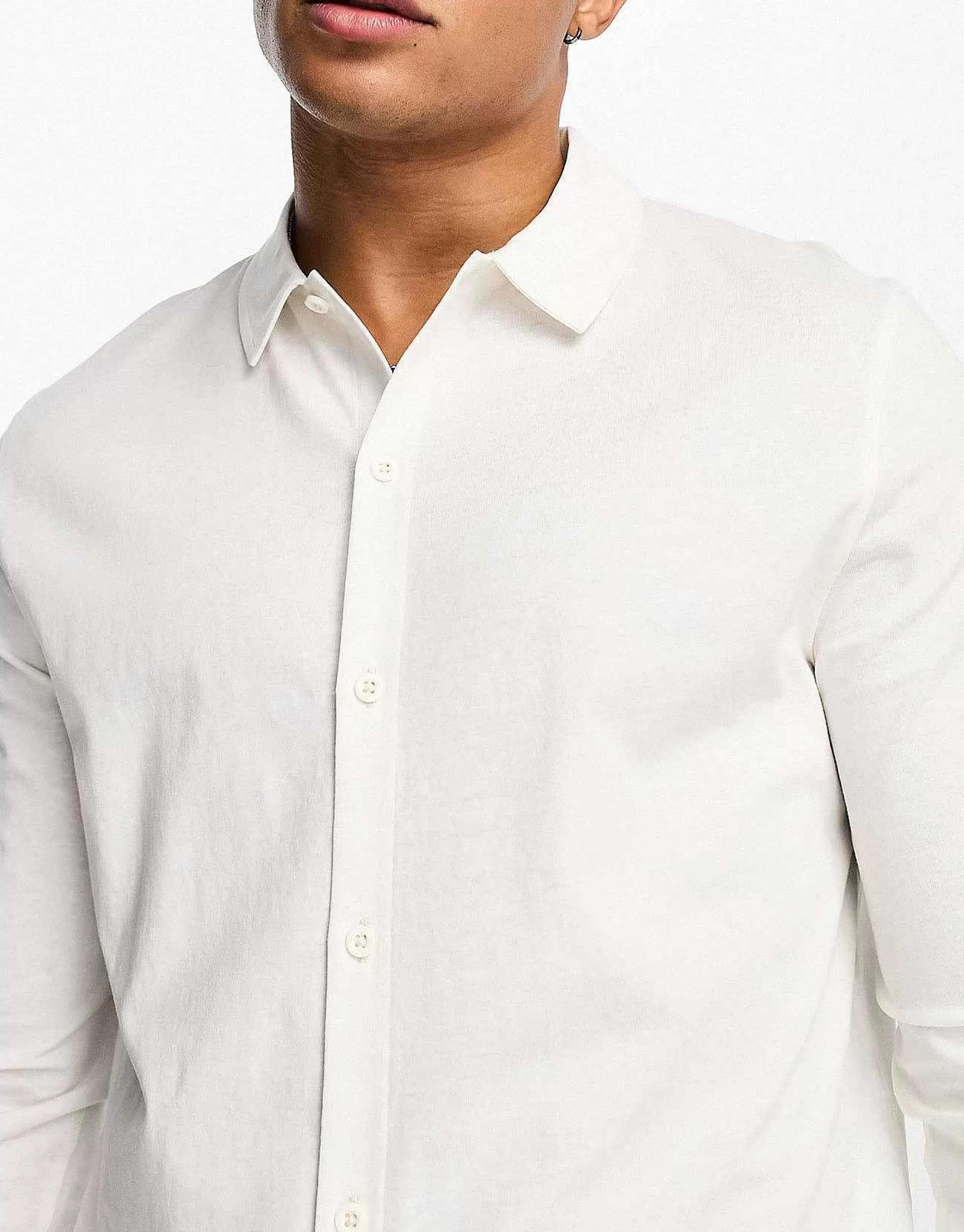 Men DESIGN Long Sleeve Jersey Shirt In Cream