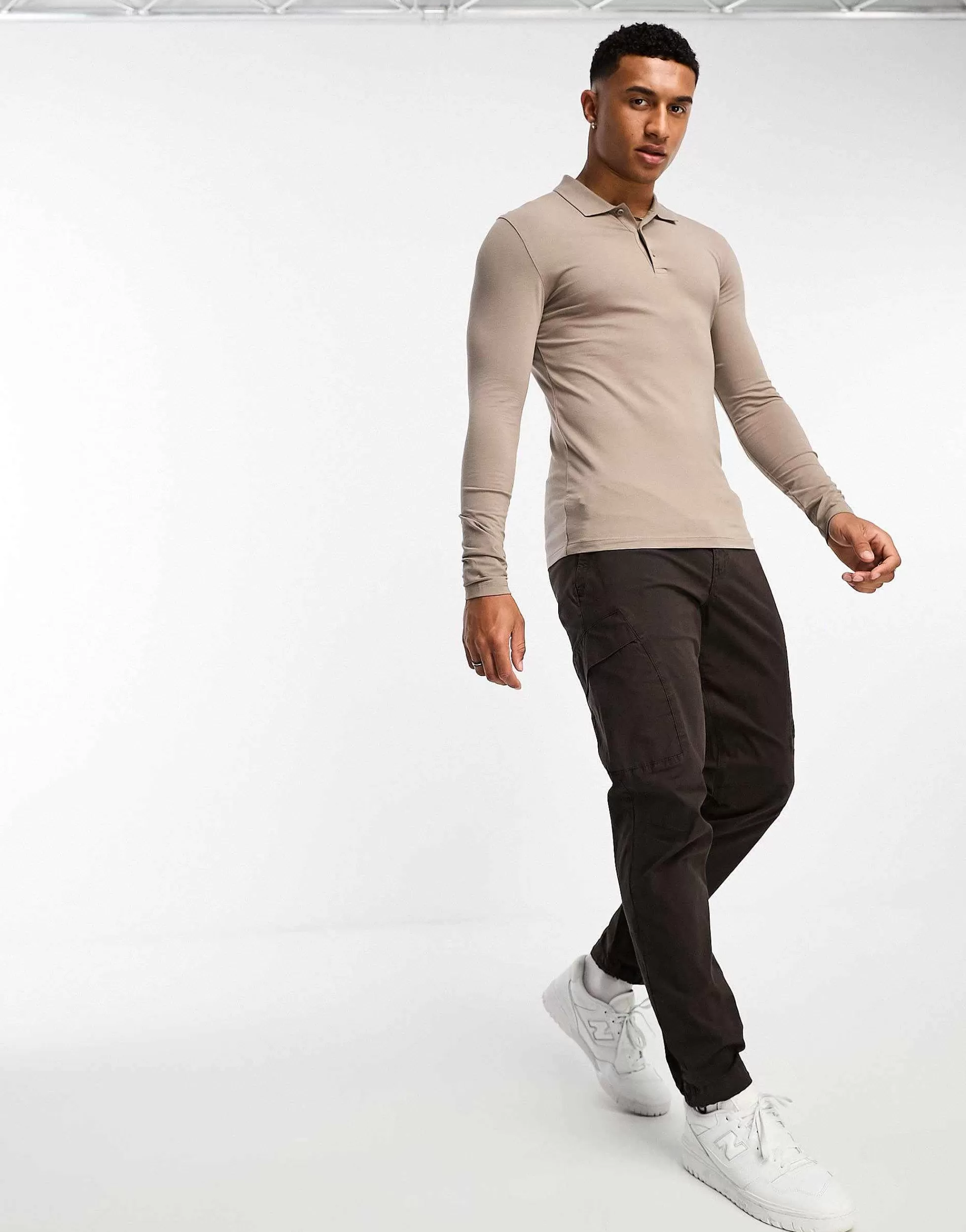 Men DESIGN Long Sleeve Muscle Fit Polo In Brown