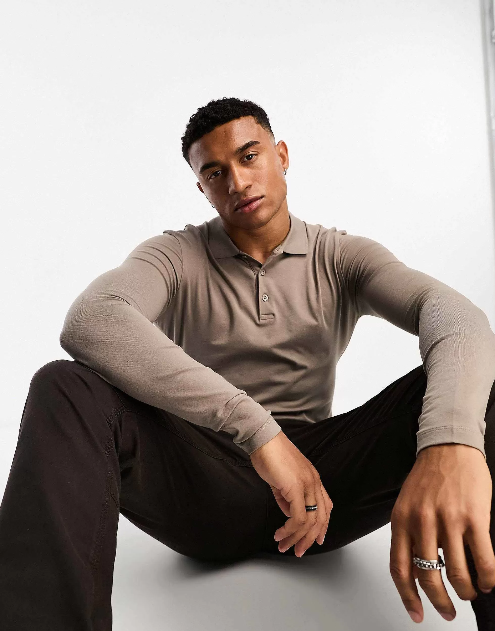 Men DESIGN Long Sleeve Muscle Fit Polo In Brown