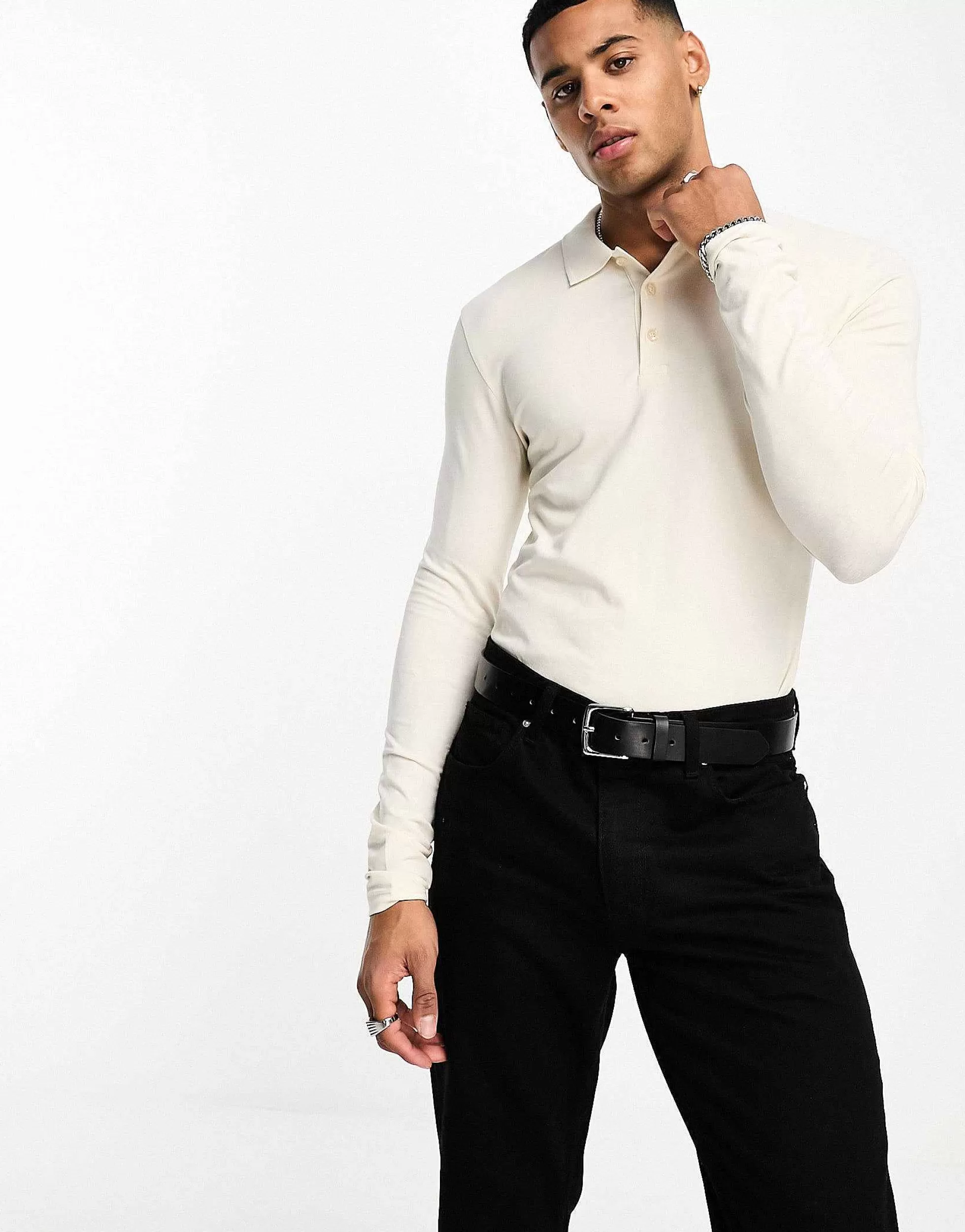 Men DESIGN Long Sleeve Muscle Fit Polo In Cream